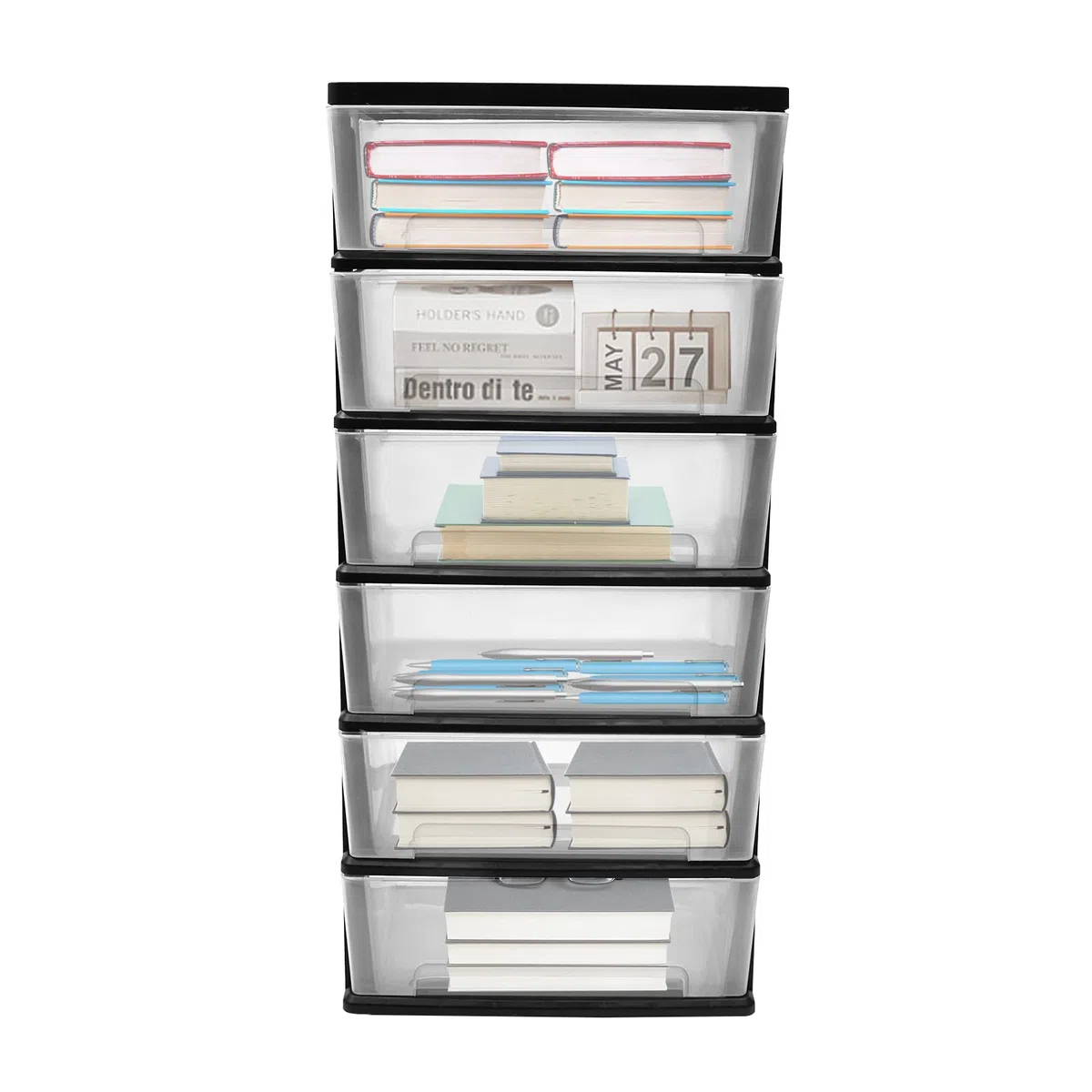 Organizador de Literatura Transparente con Ruedas, Carrito de Almacenamiento con 6 cajones, Torre de Almacenamiento para Armario, Sala de Estar, Pasillo y Dormitorio (Negro y Trans