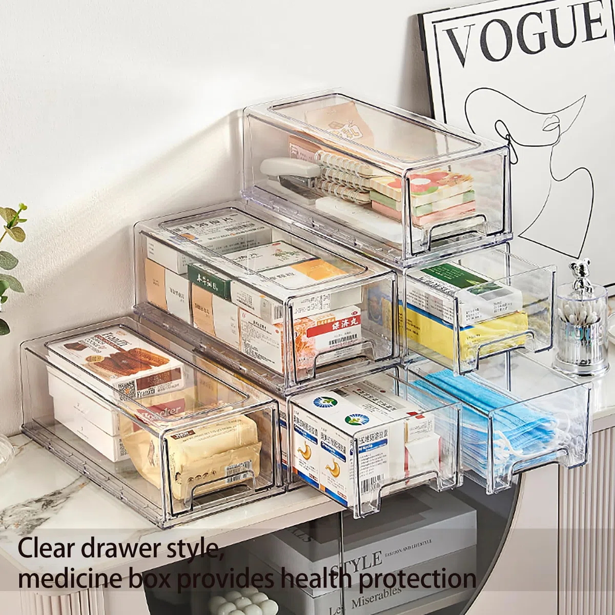 Paquete de 2 cajones organizadores apilables, caja de almacenamiento transparente para escritorio, cajón transparente para el hogar, oficina y cocina, contenedores organizadores extraíbles