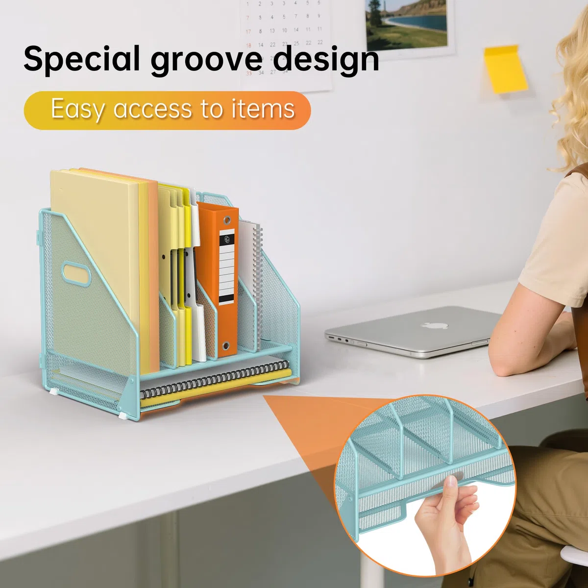 Docnest Organizador de archivos de escritorio, estante vertical de 4 compartimentos con bandeja para cartas, soporte de malla para revistas con asa, organizadores de espacio de trabajo, organizadores