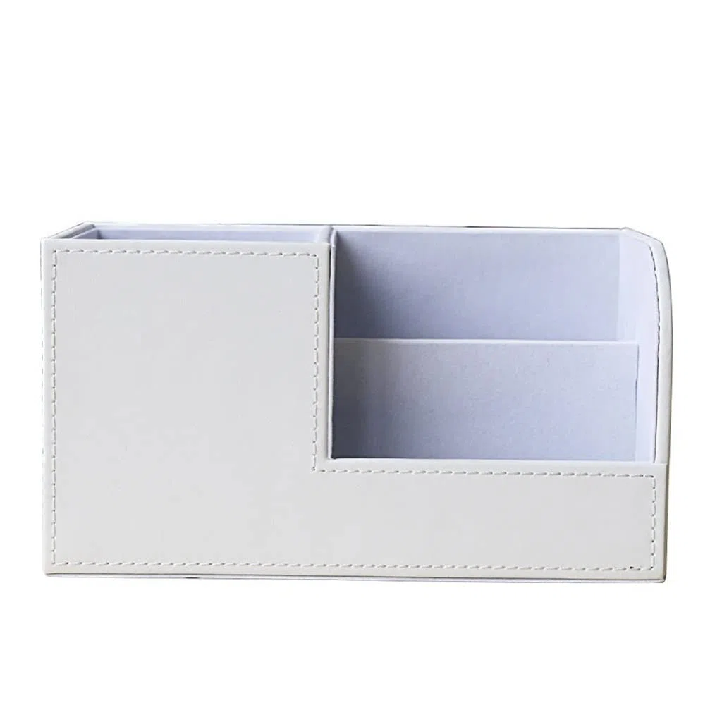 Organizador de papelería de Escritorio multifunción de Cuero Blanco Caja de Almacenamiento Bolígrafo/Lápiz/Tarjetas de Nombres Soporte de Control Remoto (Blanco 20.3 * 9.3 * 11 cm)