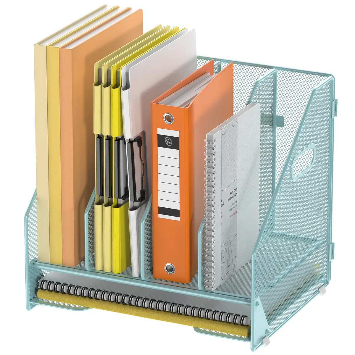 Docnest Organizador de archivos de escritorio, estante vertical de 4 compartimentos con bandeja para cartas, soporte de malla para revistas con asa, organizadores de espacio de trabajo, organizadores