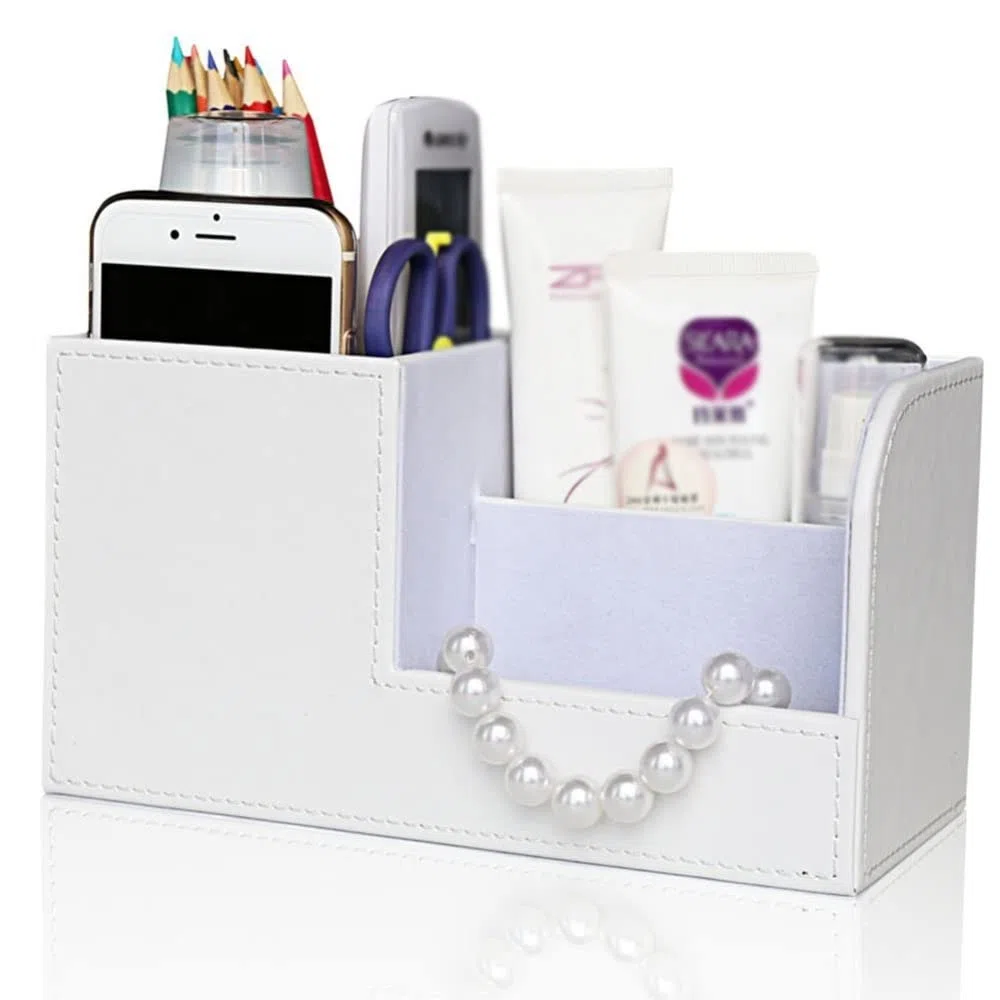 Organizador de papelería de Escritorio multifunción de Cuero Blanco Caja de Almacenamiento Bolígrafo/Lápiz/Tarjetas de Nombres Soporte de Control Remoto (Blanco 20.3 * 9.3 * 11 cm)