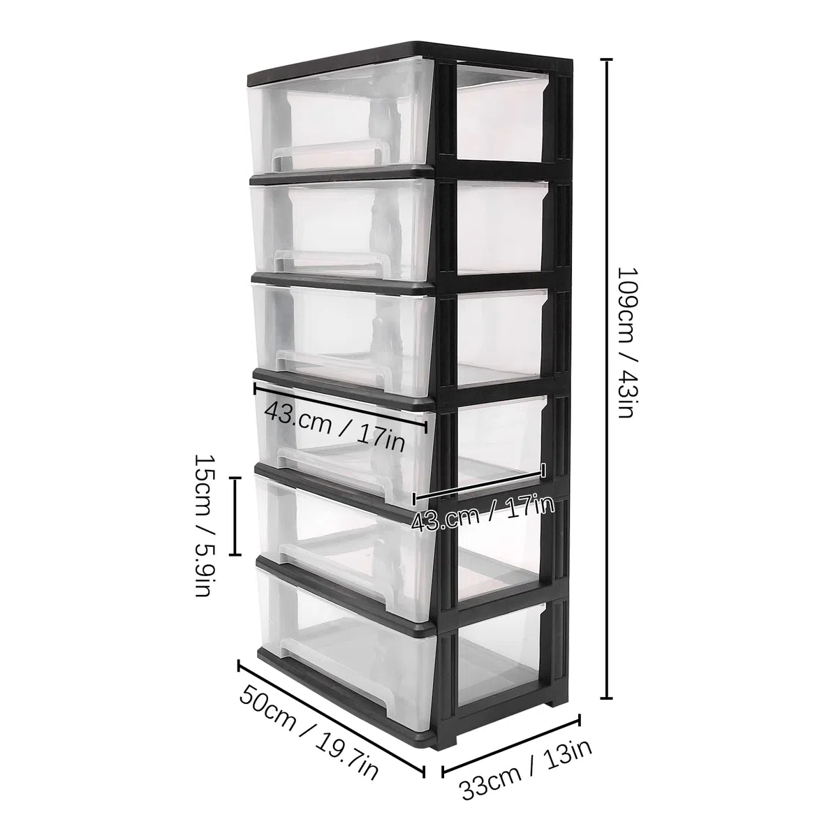 Organizador de Literatura Transparente con Ruedas, Carrito de Almacenamiento con 6 cajones, Torre de Almacenamiento para Armario, Sala de Estar, Pasillo y Dormitorio (Negro y Trans