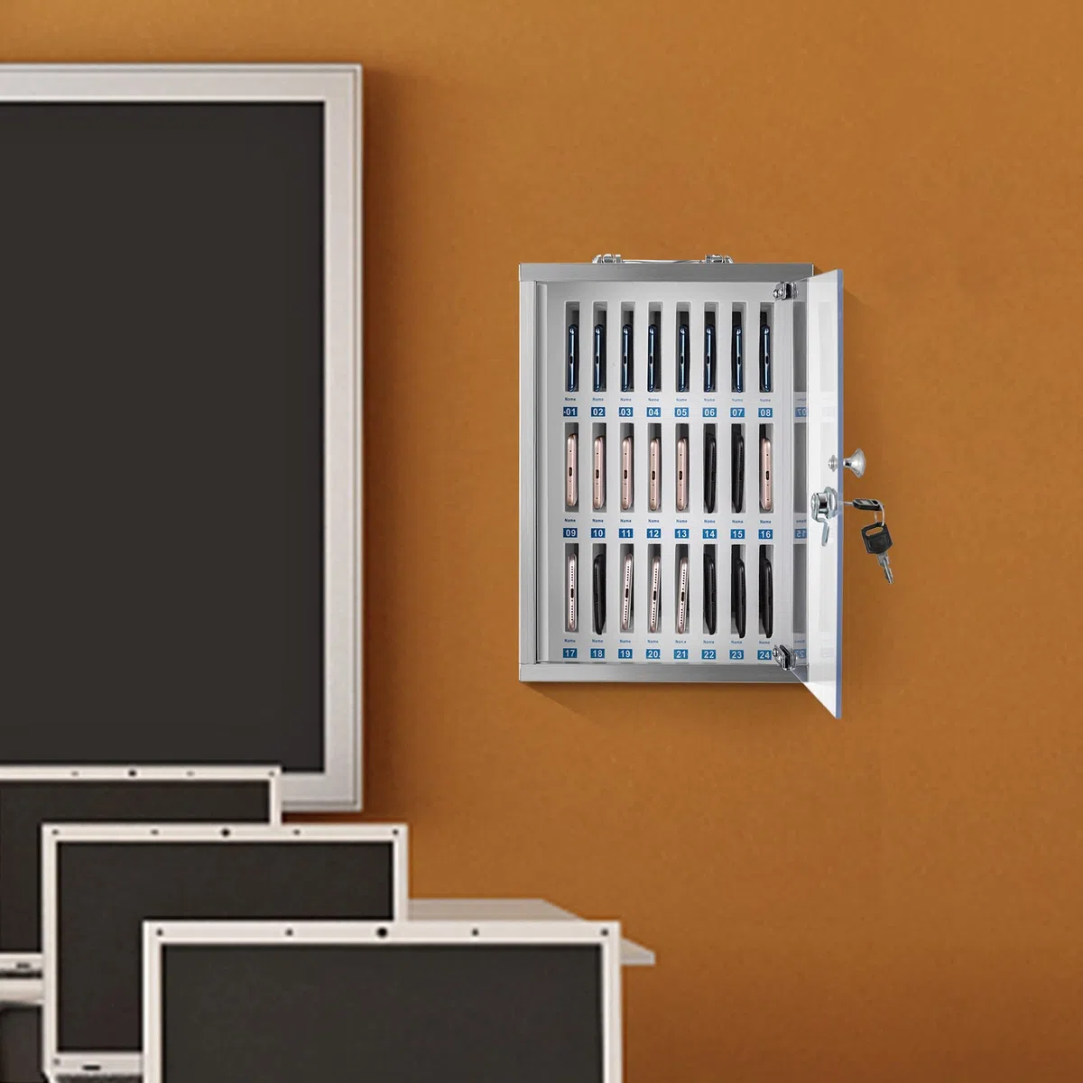 Casillero de Acero Inoxidable de 24 Ranuras para teléfonos móviles - Armario de Almacenamiento Seguro Independiente y de Pared para Dispositivos portátiles en el Aula, Acabado Plateado