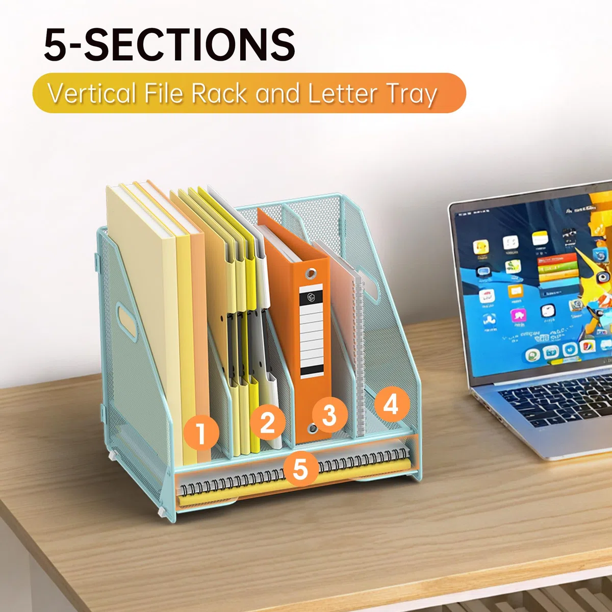 Docnest Organizador de archivos de escritorio, estante vertical de 4 compartimentos con bandeja para cartas, soporte de malla para revistas con asa, organizadores de espacio de trabajo, organizadores