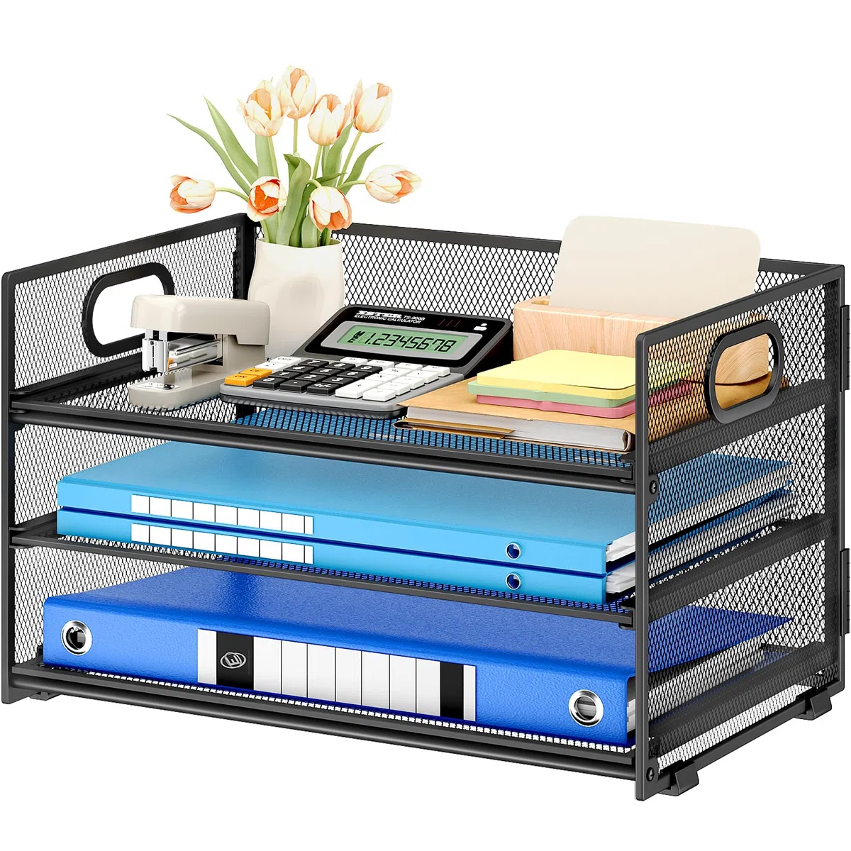 VITVITI Organizador de Escritorio, Bandeja para Cartas de 3 Niveles y 1 Bandeja para Cartas Deslizante, Malla Papel Organizador, Archivo Estantería para Oficina Casa Accesorios - Negro