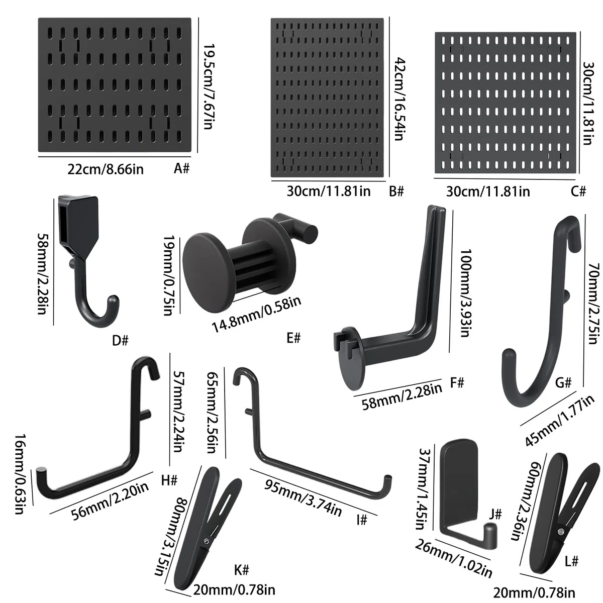 Componentes organizadores modulares de tablero perforado, diseño de tablero de almacenamiento con ranura negra para configuración de escritorio y almacenamiento de artículos pequeños en la pared, de