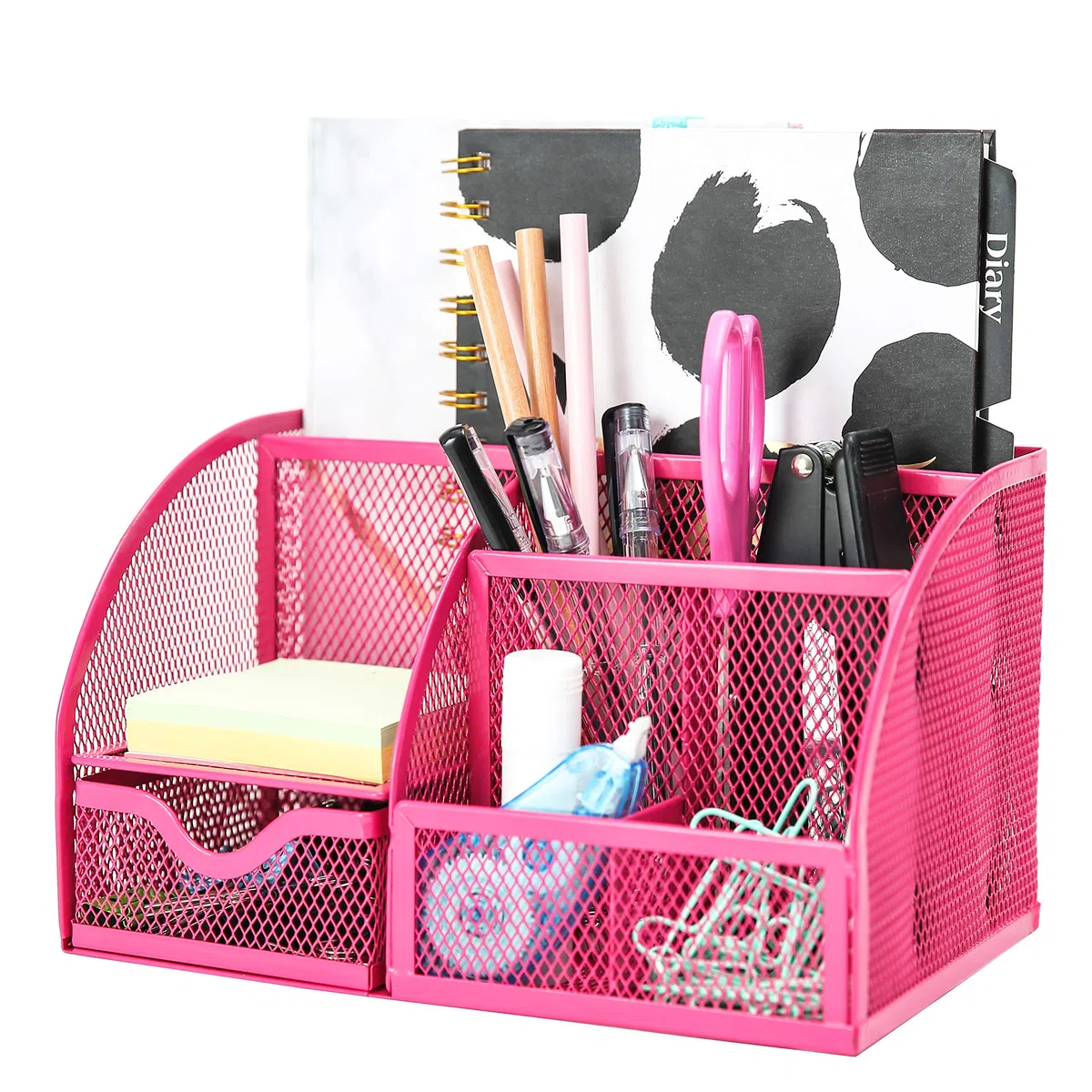 Exerz Organizador de escritorio/organizador de escritorio de malla, organizador multifuncional con 7 compartimentos, color rosa
