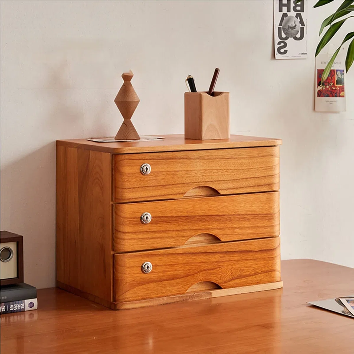 Organizador de escritorio de madera con cerradura multifuncional para oficina y hogar, caja de almacenamiento para organización de escritorio