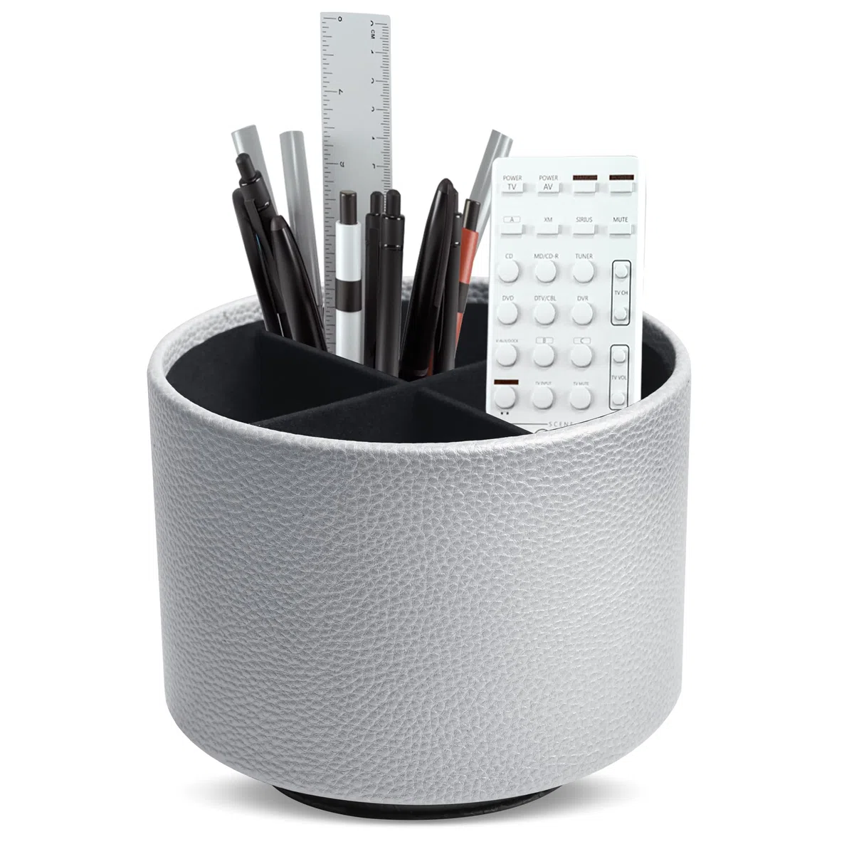 Organizador redondo de cuero para suministros de arte, soporte para control remoto, giro de 360 grados, soporte multifuncional para lápices, organizador de escritorio de 4 compartimentos (1