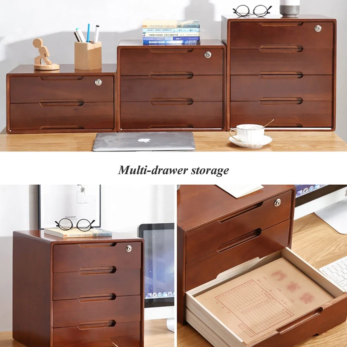 Organizador Escritorio - Caja De Almacenamiento De Escritorio De Madera, Caja De Almacenamiento De Madera Maciza con Cerradura, Cómoda Rústica, Organizador De Cajones De Escritorio
