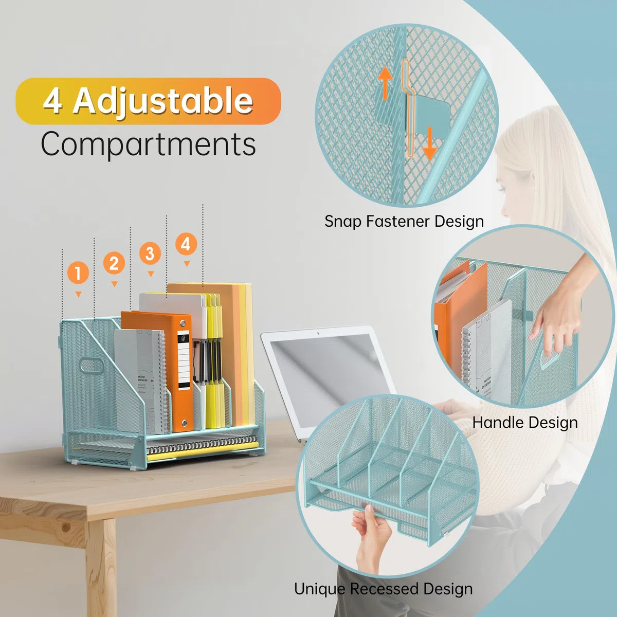 Docnest Organizador de archivos de escritorio, estante vertical de 4 compartimentos con bandeja para cartas, soporte de malla para revistas con asa, organizadores de espacio de trabajo, organizadores