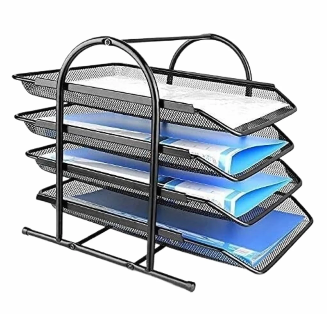 Organizador de archivos de escritorio de metal, soporte de documentos de malla de 4 niveles con bandejas extraíbles de carga frontal, organizador de escritorio para papeles