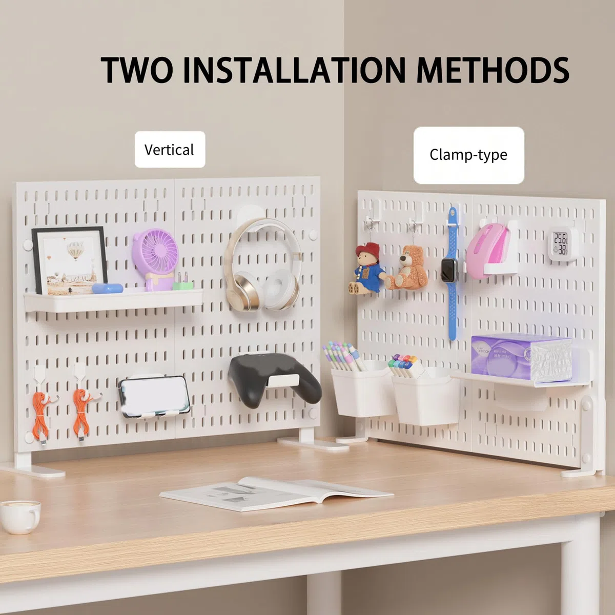 Componentes organizadores modulares de tablero perforado, diseño de tablero de almacenamiento con ranura negra para configuración de escritorio y almacenamiento de artículos pequeños en la pared, de