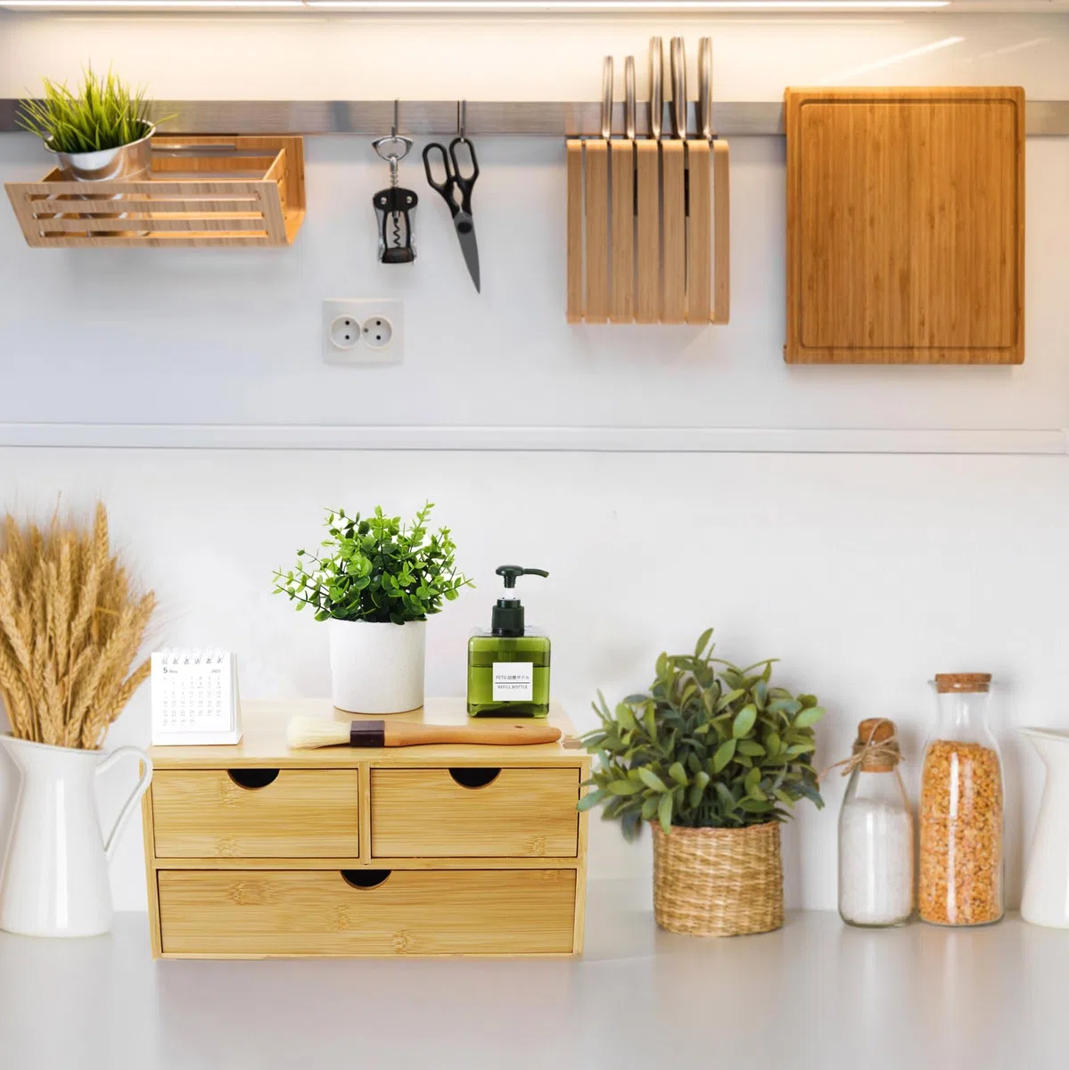 Charmewooden Organizador de escritorio de bambú con 3 cajones, organizador de encimera con cajones, cajón de almacenamiento de maquillaje, 3 cajones, caja de almacenamiento de mesa, espacio de trabajo
