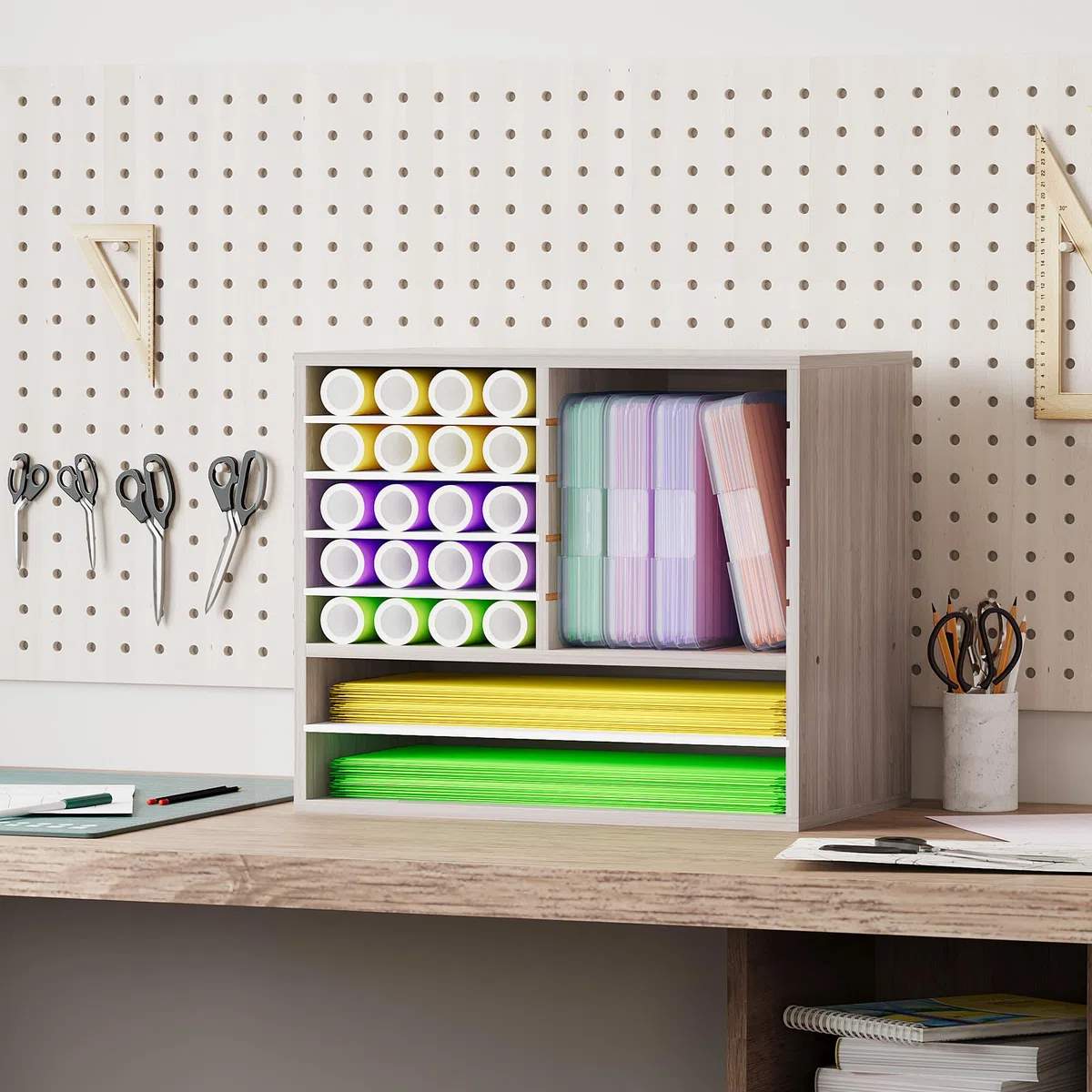 Alpeir Organizador de almacenamiento de papel de escritorio, 12 ranuras para papel A4 y A3 y papel de álbumes de recortes, organizadores de manualidades de madera Cricut y almacenamiento con