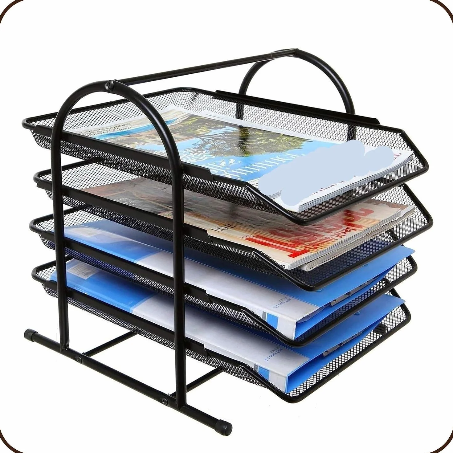 Organizador de archivos de escritorio de metal, soporte de documentos de malla de 4 niveles con bandejas extraíbles de carga frontal, organizador de escritorio para papeles