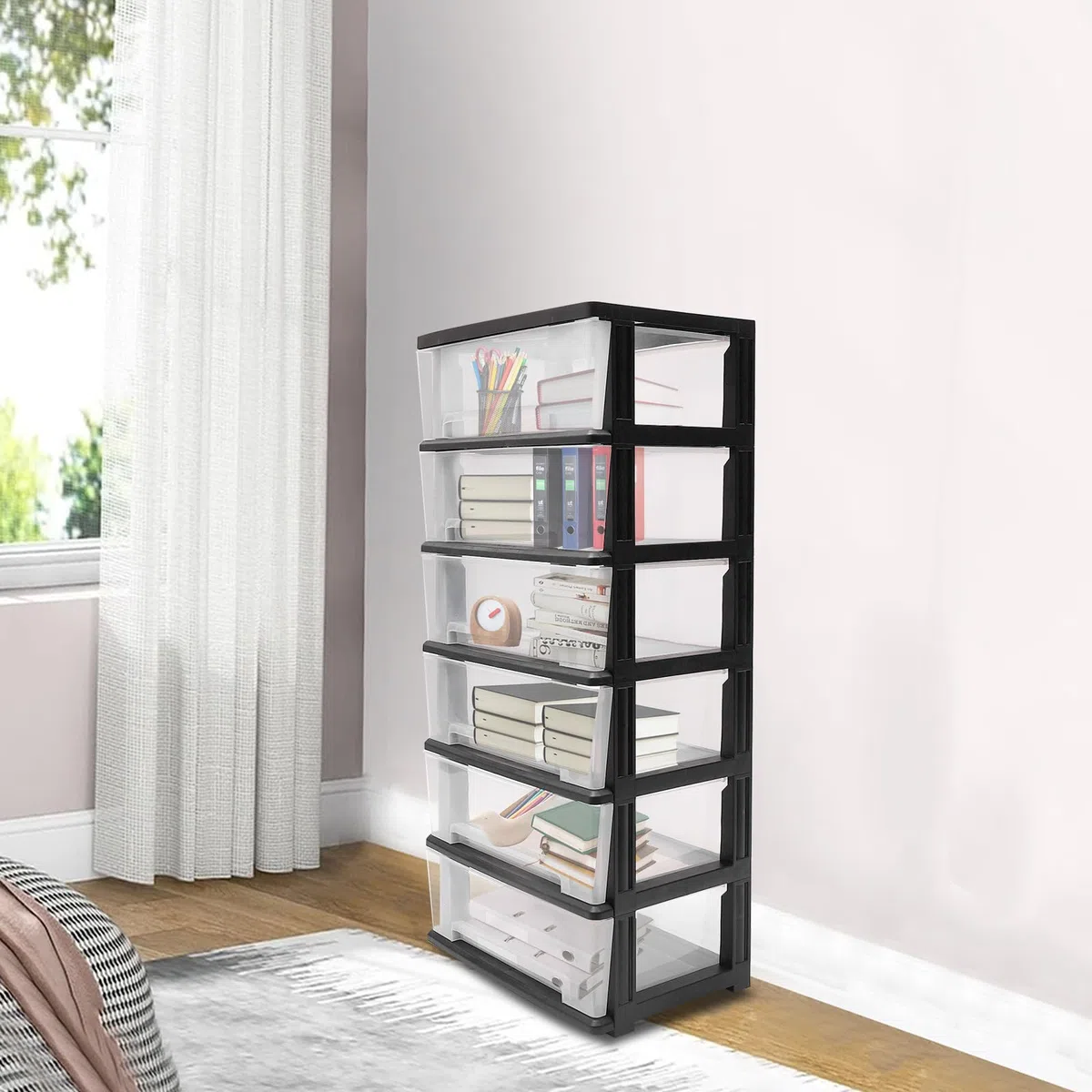 Organizador de Literatura Transparente con Ruedas, Carrito de Almacenamiento con 6 cajones, Torre de Almacenamiento para Armario, Sala de Estar, Pasillo y Dormitorio (Negro y Trans