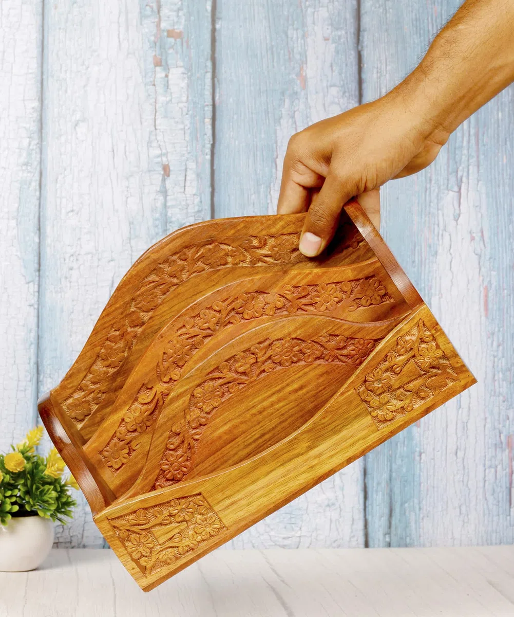 Diseño floral grabado a mano con 3 compartimentos tamaño grande carta/remoto/cubiertos organizador para escritorio de hogar y oficina