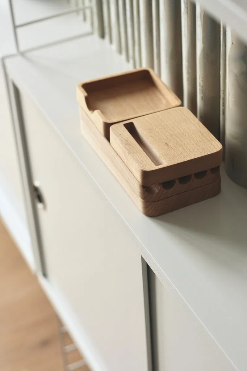 Puzzle Organizador Escritorio Madera Portalápices Vaciabolsillos | Modular de Madera juego de 4: Organizador versátil para oficina & escritorio, ideal para bolígrafos, móvil, notas, papelería.