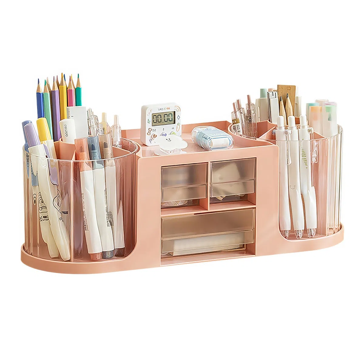 Organizador escritorio,Doble rotación Organizador de escritorio,14 compartimentos de gran capacidad,cajón transparente de doble capa,puede contener lápices,varios artículos de papelería(rosa)