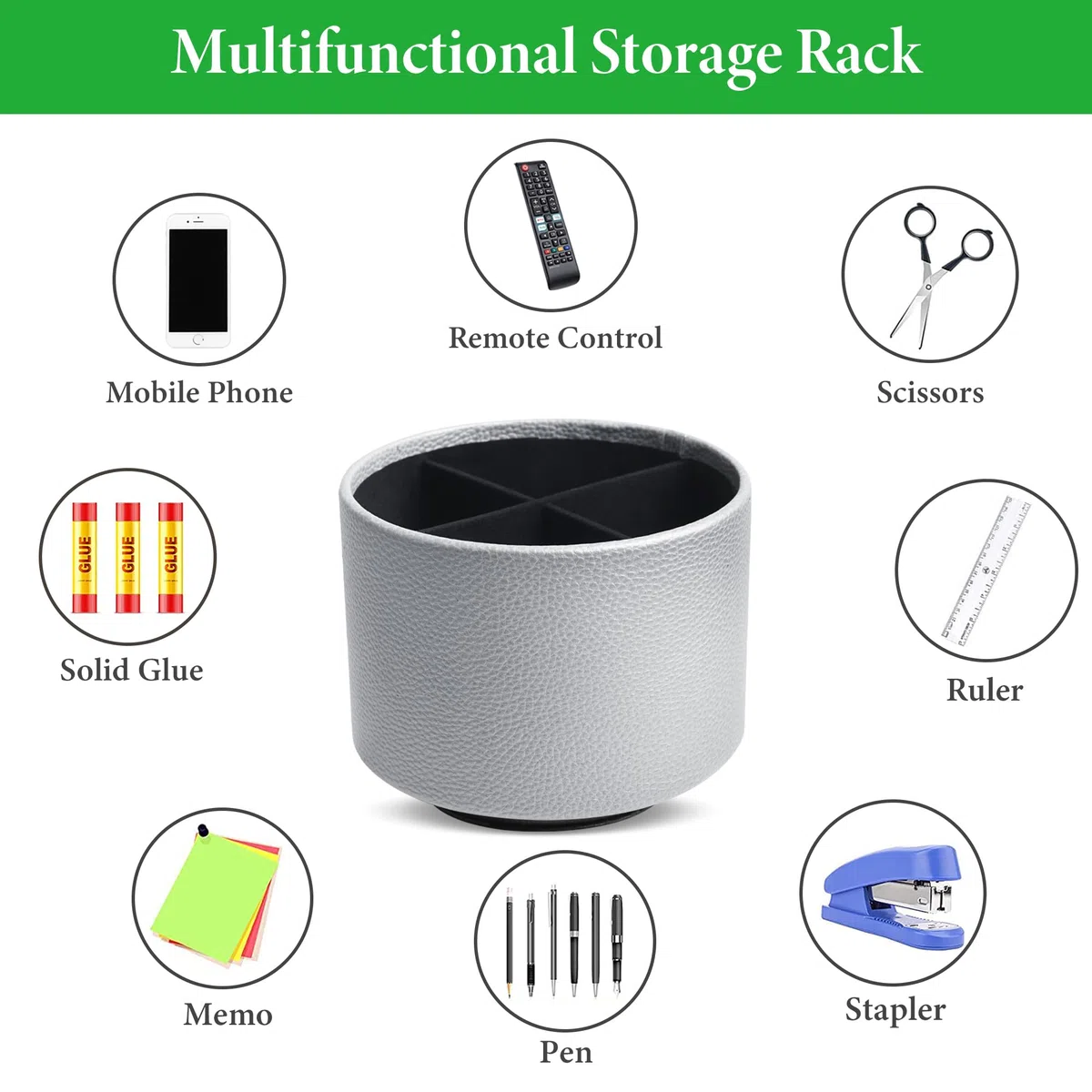 Organizador redondo de cuero para suministros de arte, soporte para control remoto, giro de 360 grados, soporte multifuncional para lápices, organizador de escritorio de 4 compartimentos (1