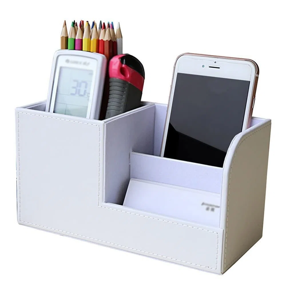 Organizador de papelería de Escritorio multifunción de Cuero Blanco Caja de Almacenamiento Bolígrafo/Lápiz/Tarjetas de Nombres Soporte de Control Remoto (Blanco 20.3 * 9.3 * 11 cm)