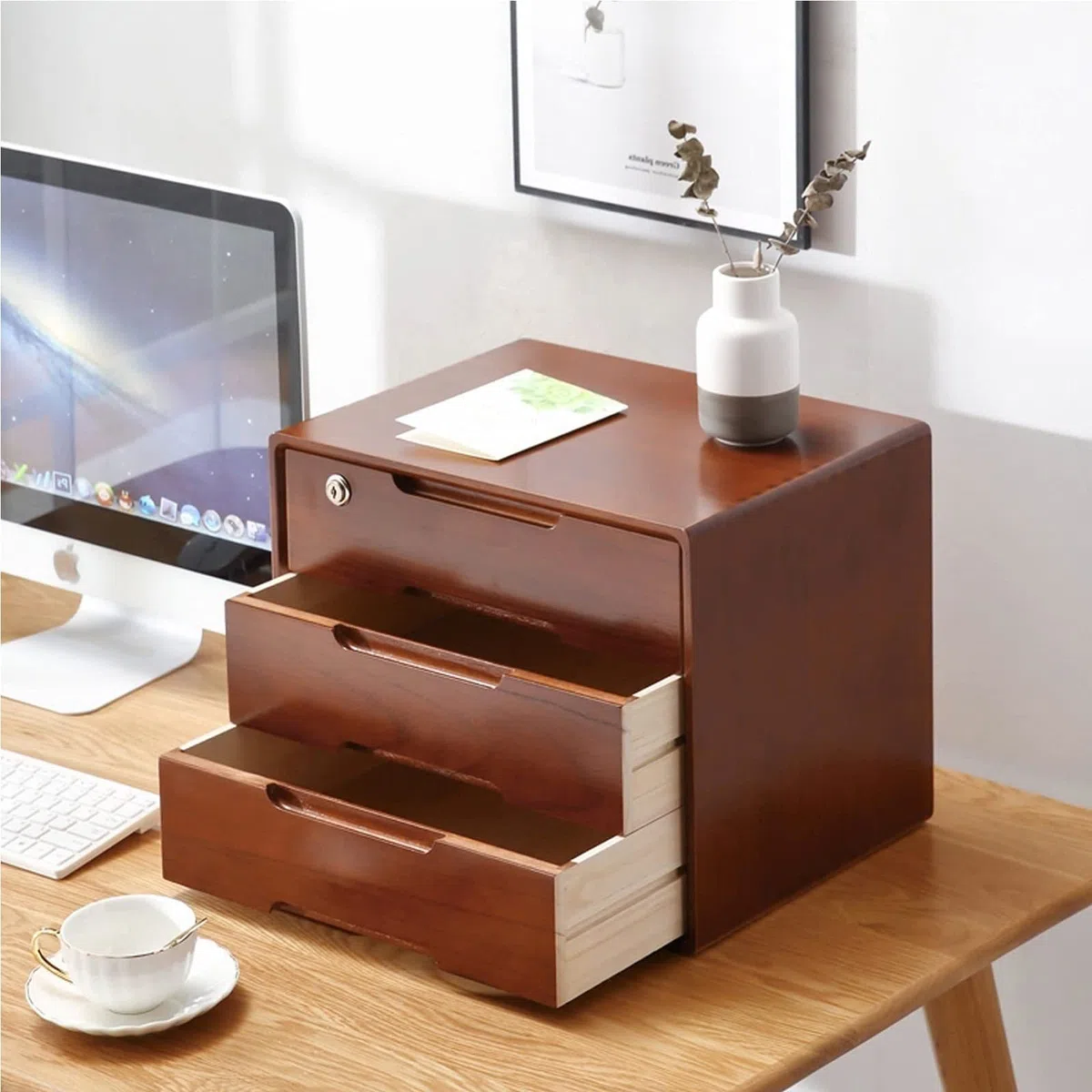 Organizador Escritorio - Caja De Almacenamiento De Escritorio De Madera, Caja De Almacenamiento De Madera Maciza con Cerradura, Cómoda Rústica, Organizador De Cajones De Escritorio
