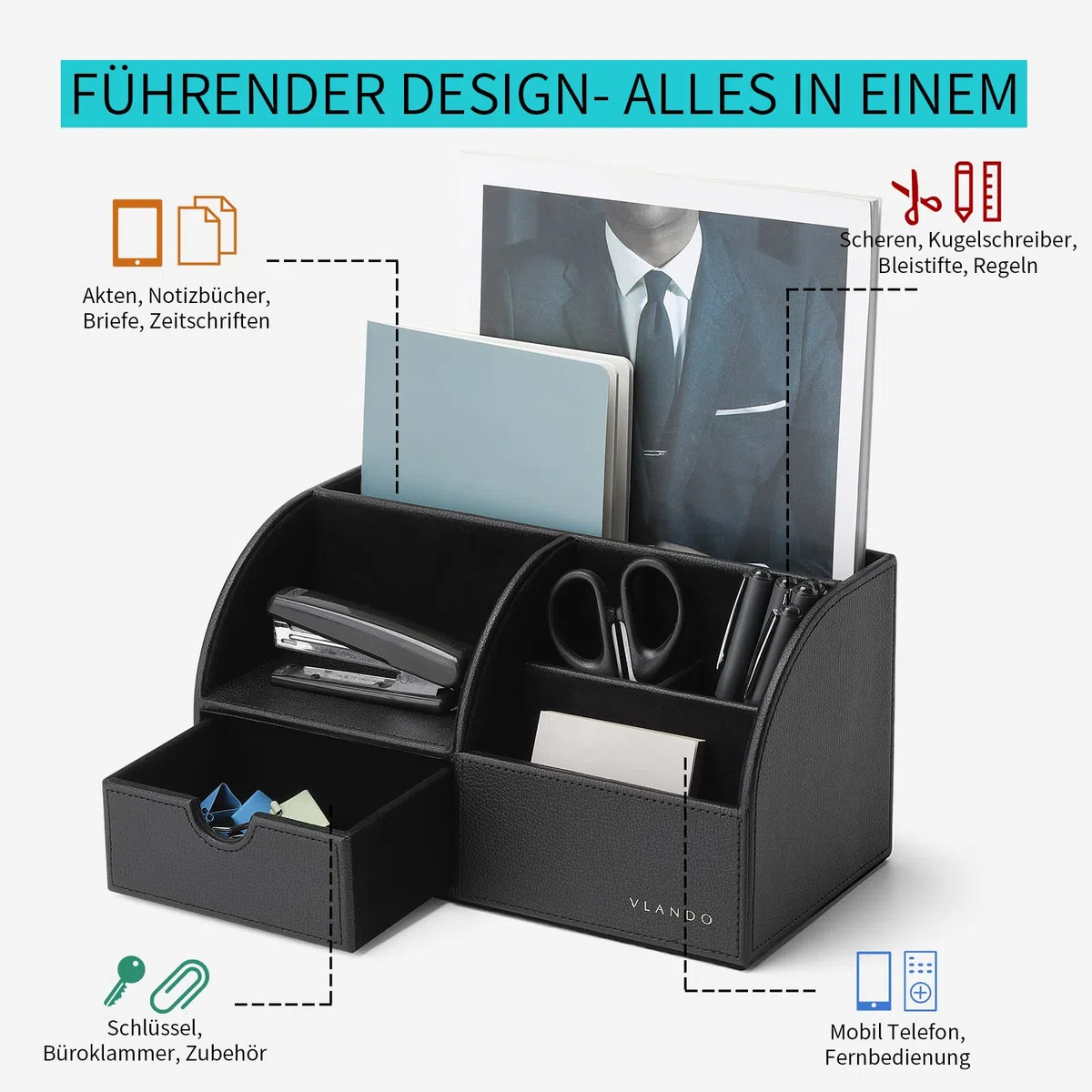 Vlando Organizador de Escritorio, Multifuncional Portalápices Caja de Almacenamiento in PU Cuero con Cajón para BolíGrafos, Tarjetas de Visita, Teléfono, para Hogar Oficina Escolares