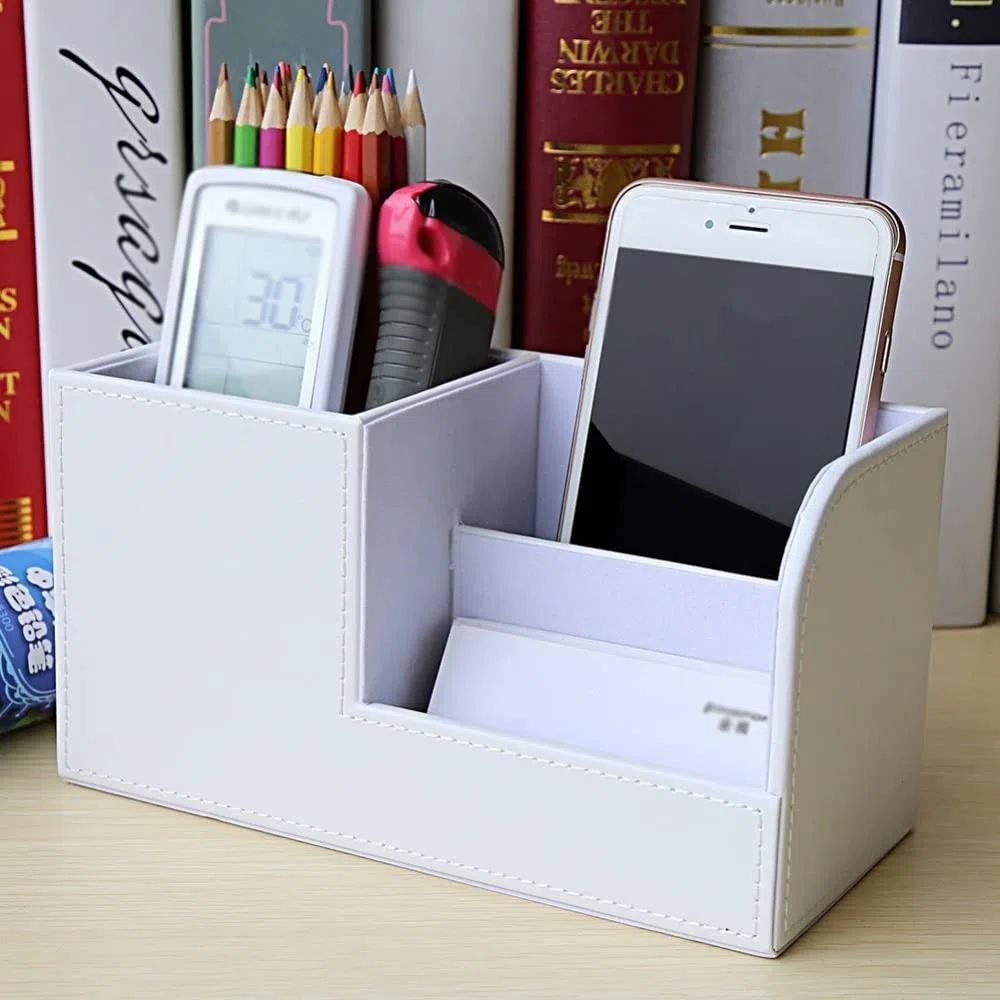 Organizador de papelería de Escritorio multifunción de Cuero Blanco Caja de Almacenamiento Bolígrafo/Lápiz/Tarjetas de Nombres Soporte de Control Remoto (Blanco 20.3 * 9.3 * 11 cm)