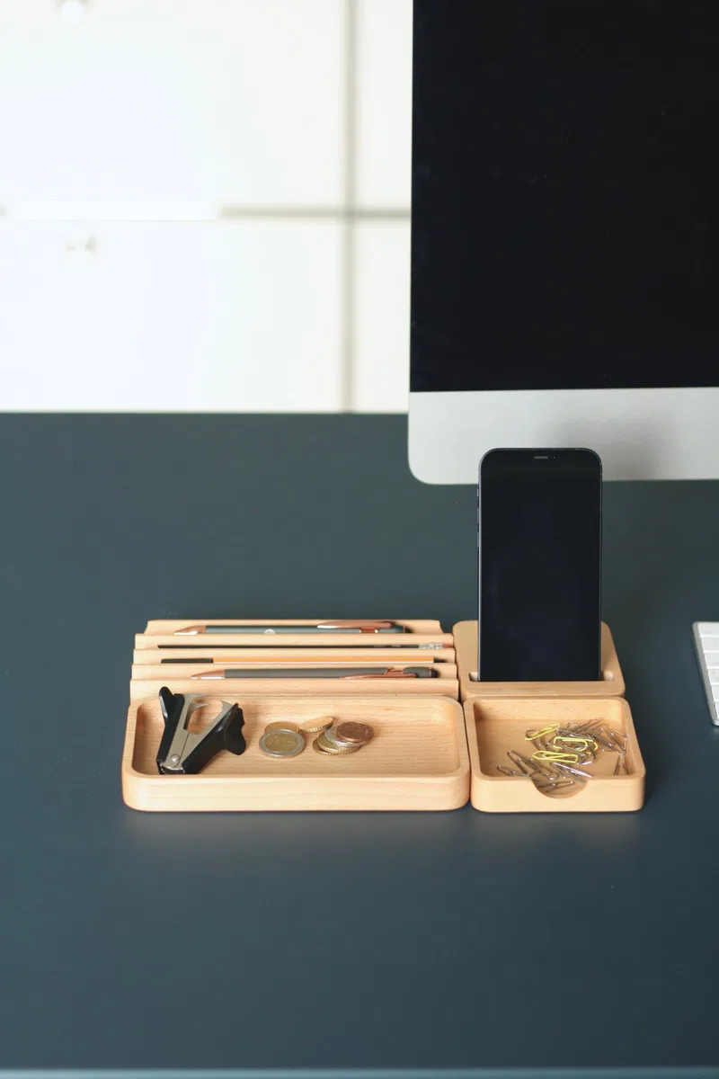 Puzzle Organizador Escritorio Madera Portalápices Vaciabolsillos | Modular de Madera juego de 4: Organizador versátil para oficina & escritorio, ideal para bolígrafos, móvil, notas, papelería.