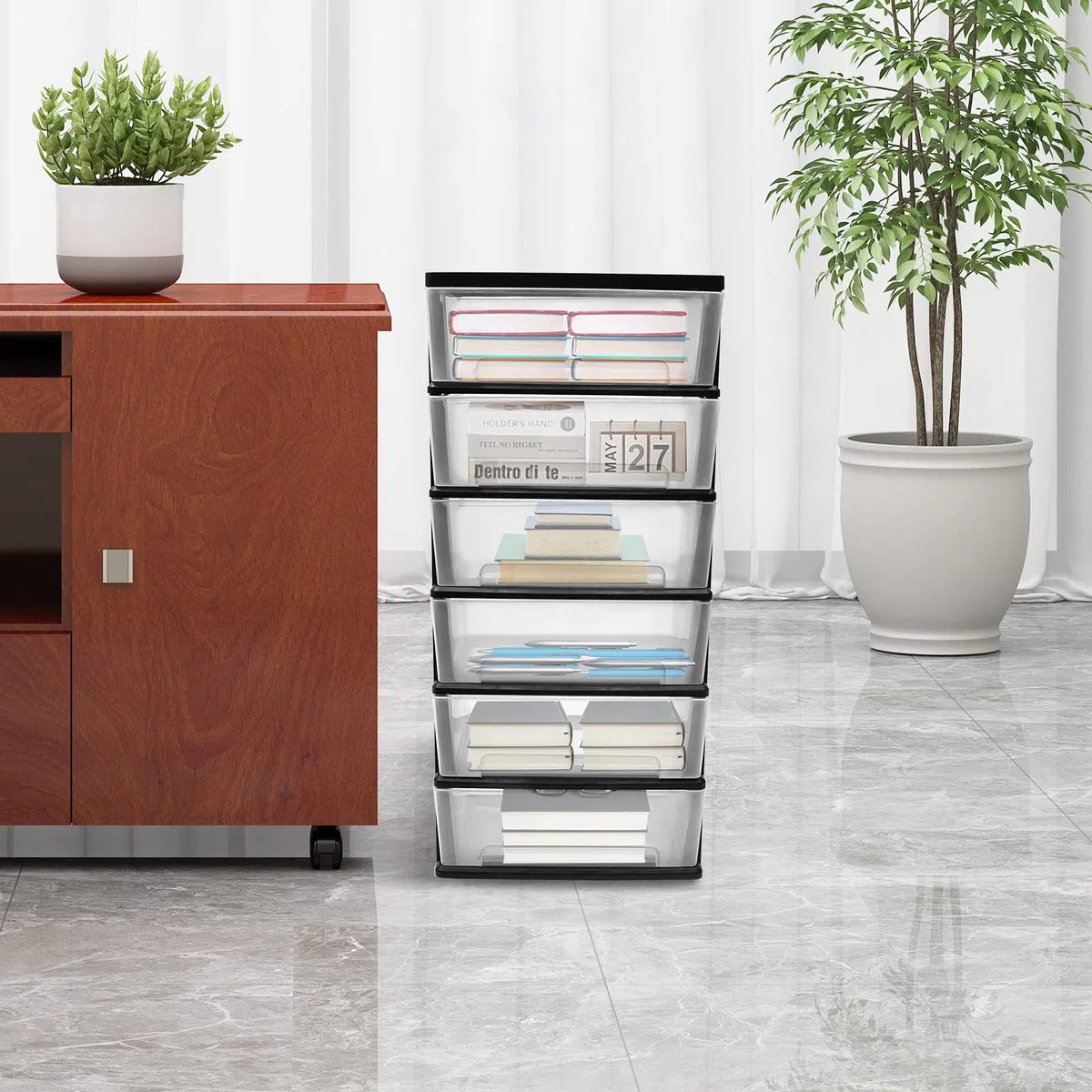 Organizador de Literatura Transparente con Ruedas, Carrito de Almacenamiento con 6 cajones, Torre de Almacenamiento para Armario, Sala de Estar, Pasillo y Dormitorio (Negro y Trans