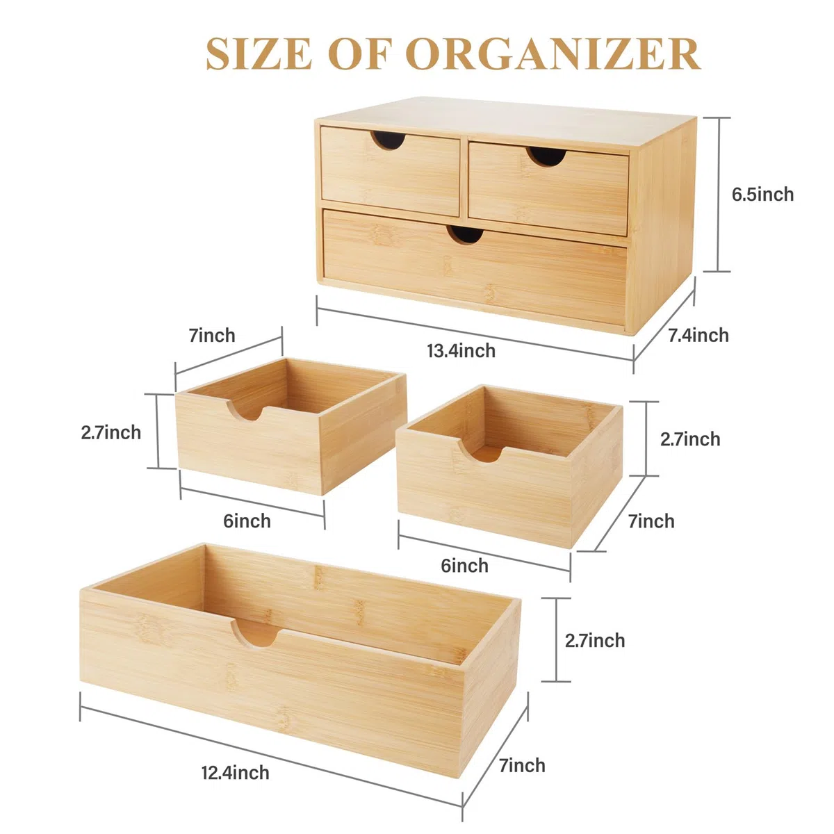 Charmewooden Organizador de escritorio de bambú con 3 cajones, organizador de encimera con cajones, cajón de almacenamiento de maquillaje, 3 cajones, caja de almacenamiento de mesa, espacio de trabajo