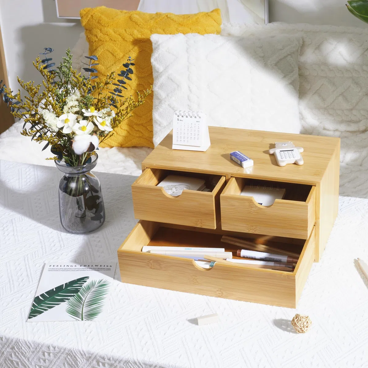 Charmewooden Organizador de escritorio de bambú con 3 cajones, organizador de encimera con cajones, cajón de almacenamiento de maquillaje, 3 cajones, caja de almacenamiento de mesa, espacio de trabajo