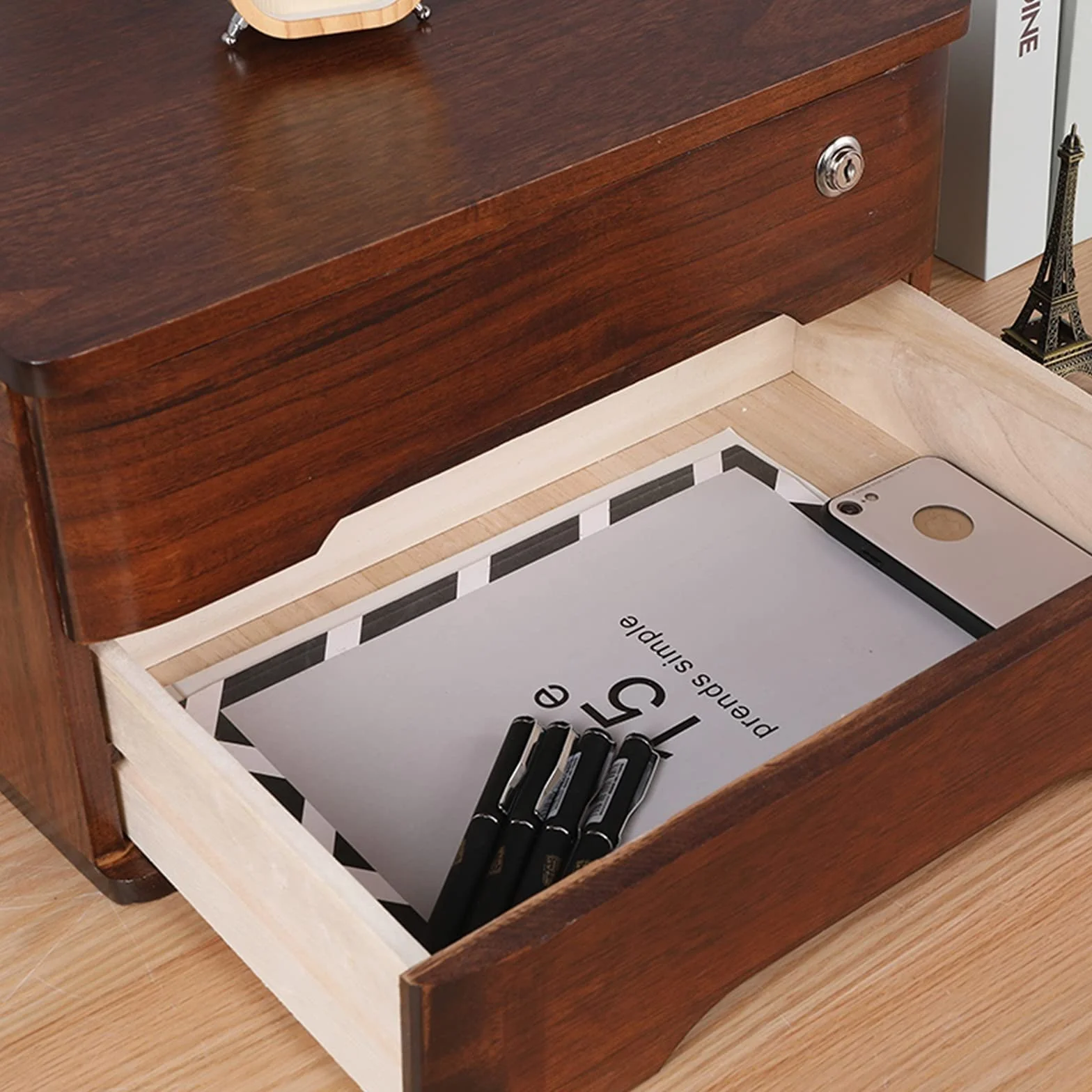 Caja de almacenamiento de madera maciza, archivador plano, caja de almacenamiento de escritorio de madera con cajones con cerradura, suministros de oficina A4/organizador de archivos de recibos ( Size