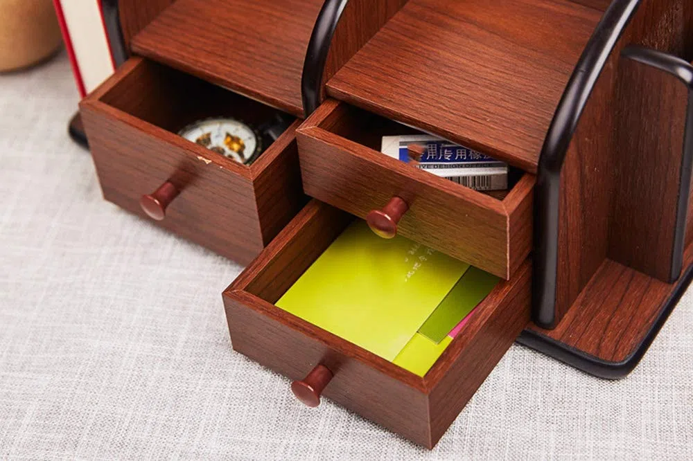 Organizador de escritorio de madera con organizador de escritorio multifuncional para oficina y escuela, 30 x 20 x 14 cm