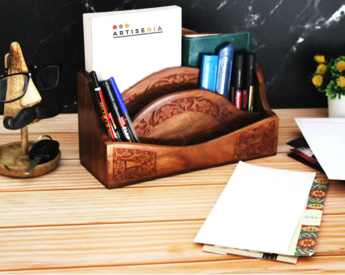 Diseño floral grabado a mano con 3 compartimentos tamaño grande carta/remoto/cubiertos organizador para escritorio de hogar y oficina