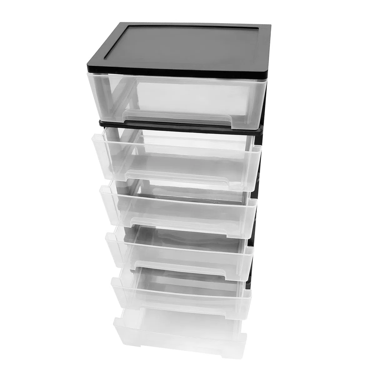 Organizador de Literatura Transparente con Ruedas, Carrito de Almacenamiento con 6 cajones, Torre de Almacenamiento para Armario, Sala de Estar, Pasillo y Dormitorio (Negro y Trans