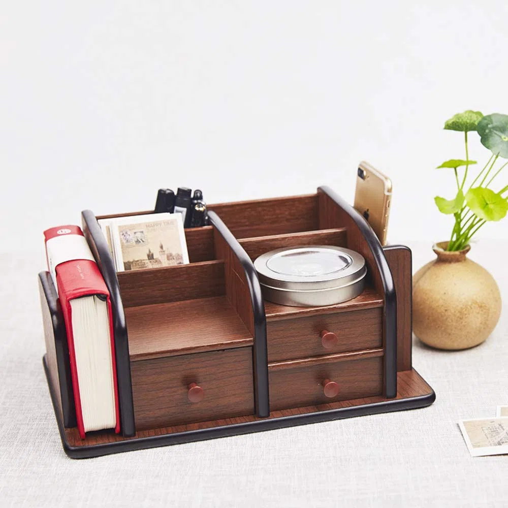 Organizador de escritorio de madera con organizador de escritorio multifuncional para oficina y escuela, 30 x 20 x 14 cm