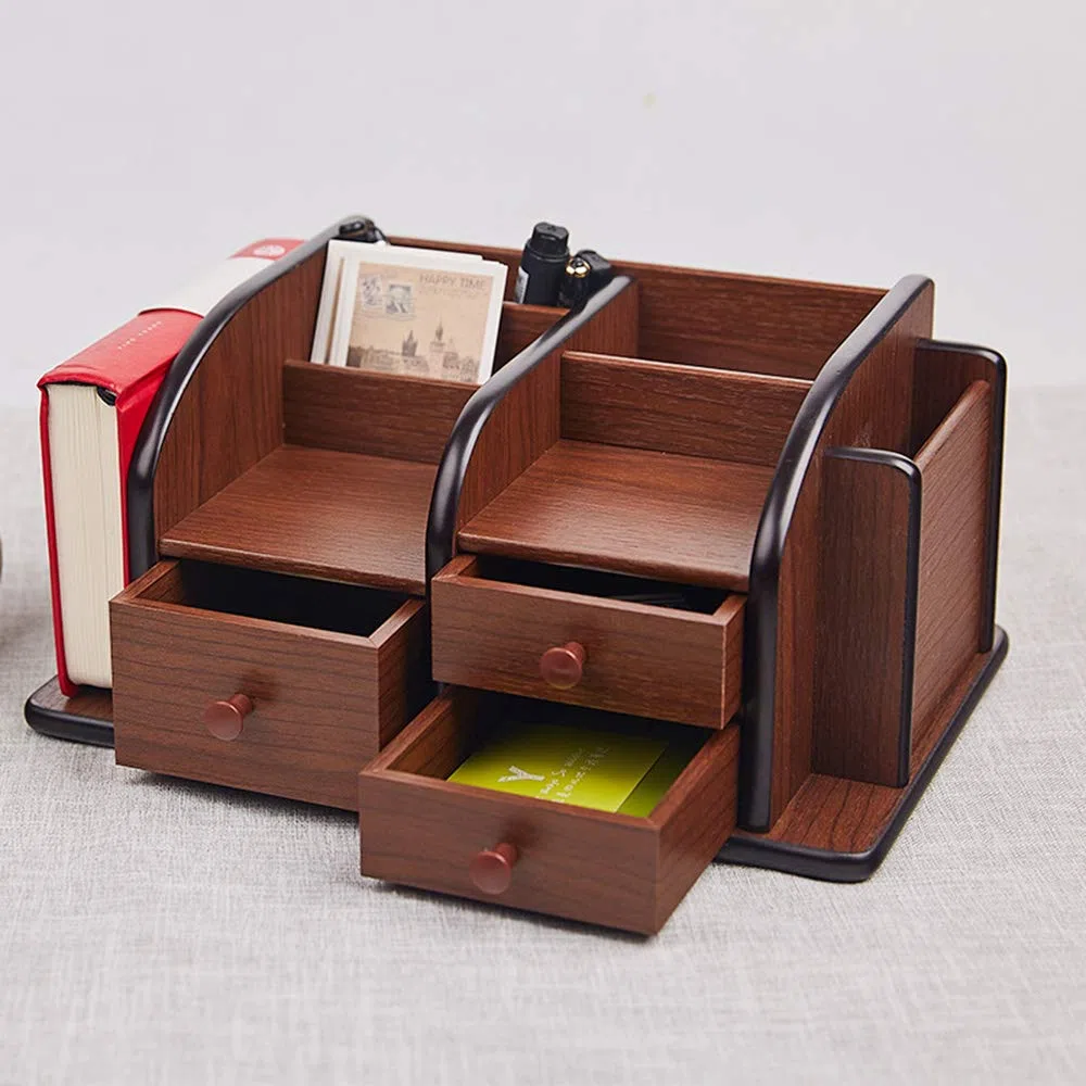 Organizador de escritorio de madera con organizador de escritorio multifuncional para oficina y escuela, 30 x 20 x 14 cm