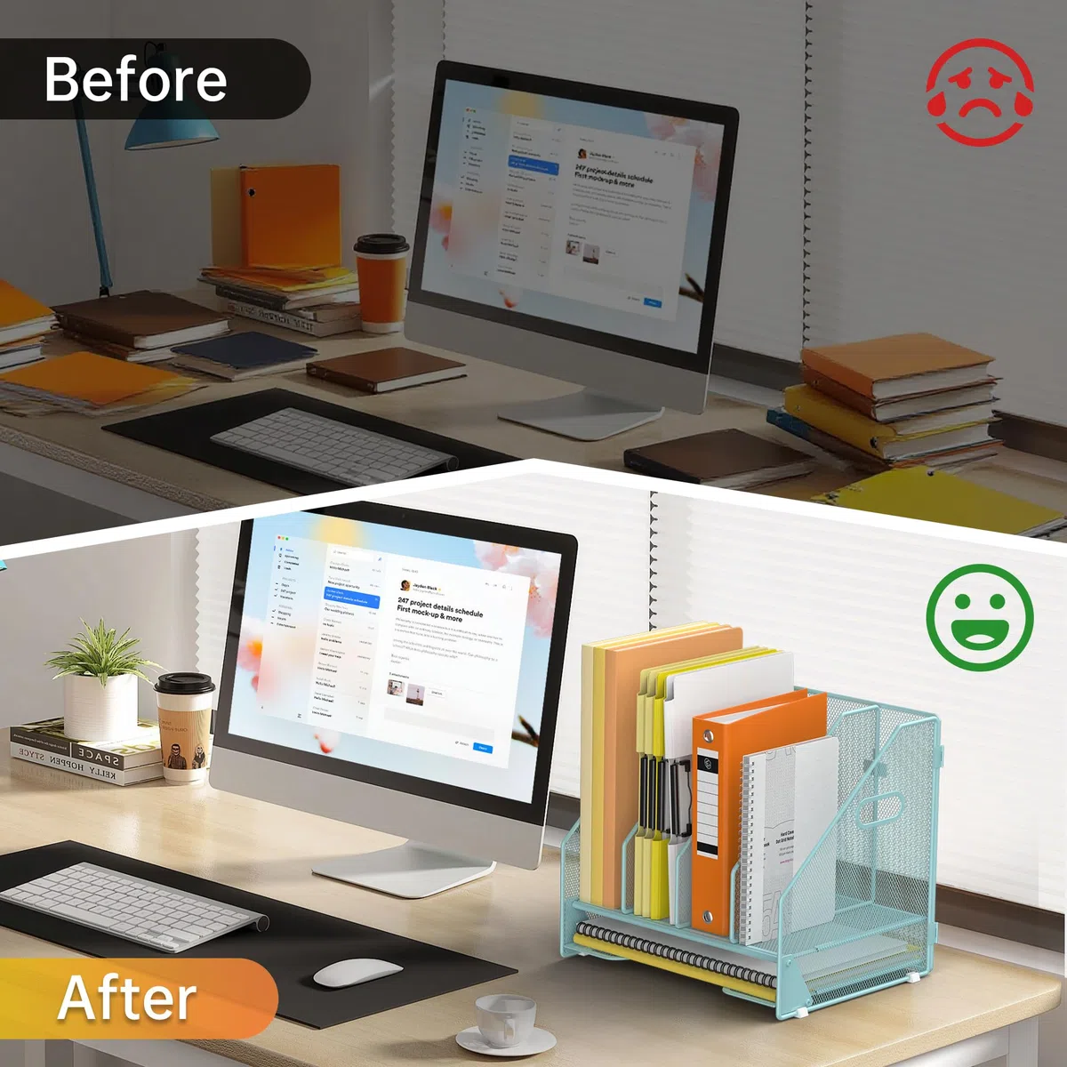 Docnest Organizador de archivos de escritorio, estante vertical de 4 compartimentos con bandeja para cartas, soporte de malla para revistas con asa, organizadores de espacio de trabajo, organizadores