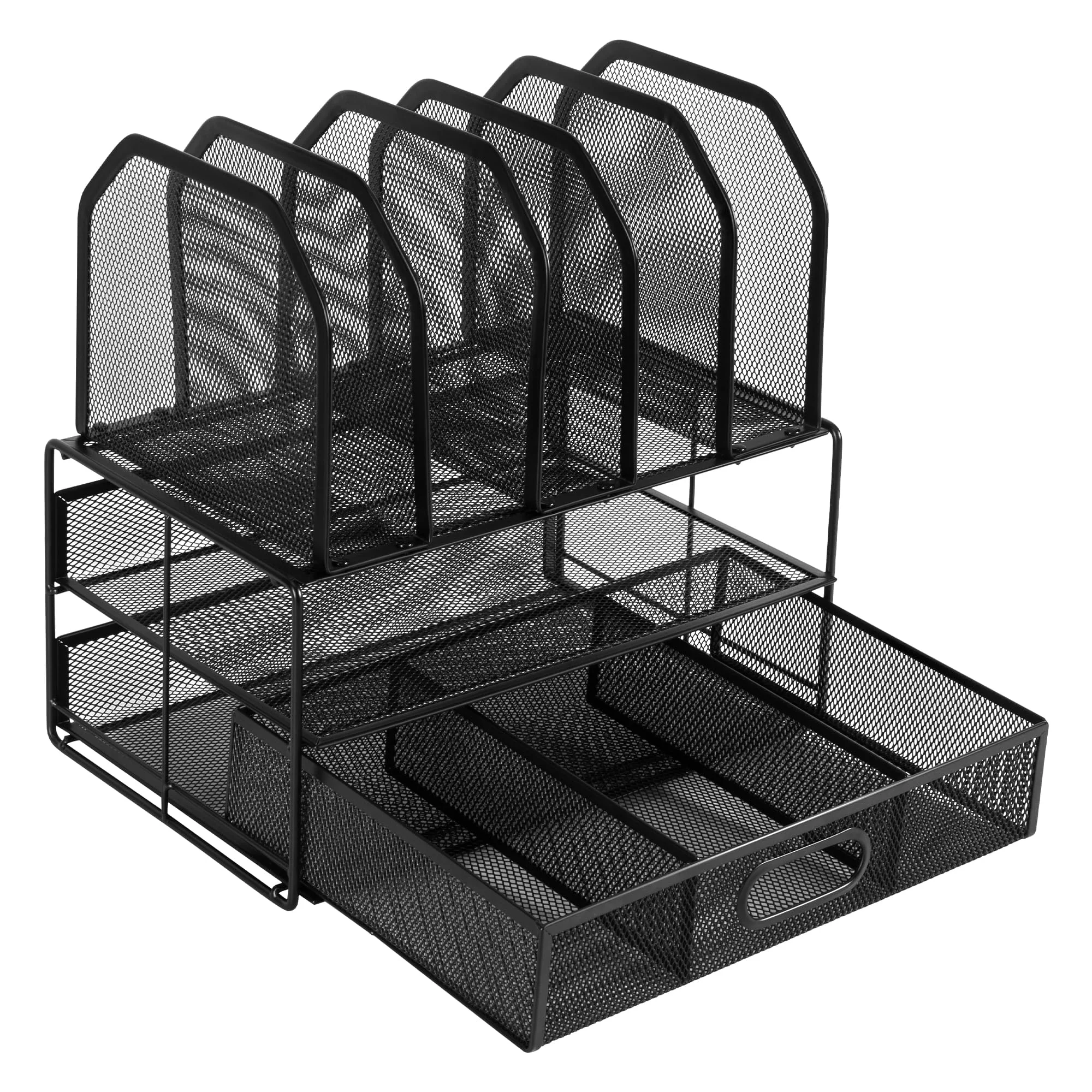 Amazon Basics Organizador de escritorio de malla con cajón deslizante, doble bandeja y 5 secciones verticales, color negro