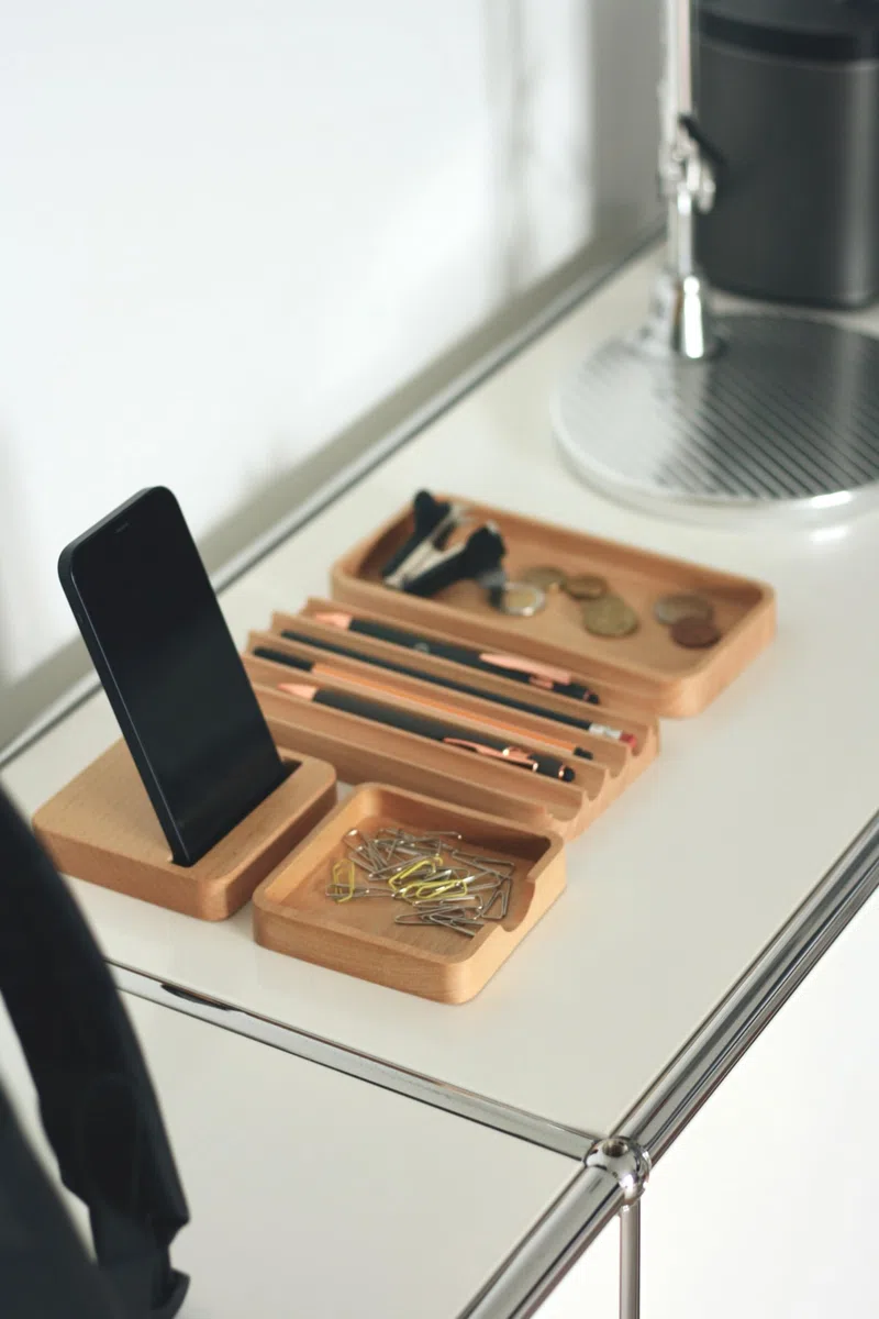 Puzzle Organizador Escritorio Madera Portalápices Vaciabolsillos | Modular de Madera juego de 4: Organizador versátil para oficina & escritorio, ideal para bolígrafos, móvil, notas, papelería.