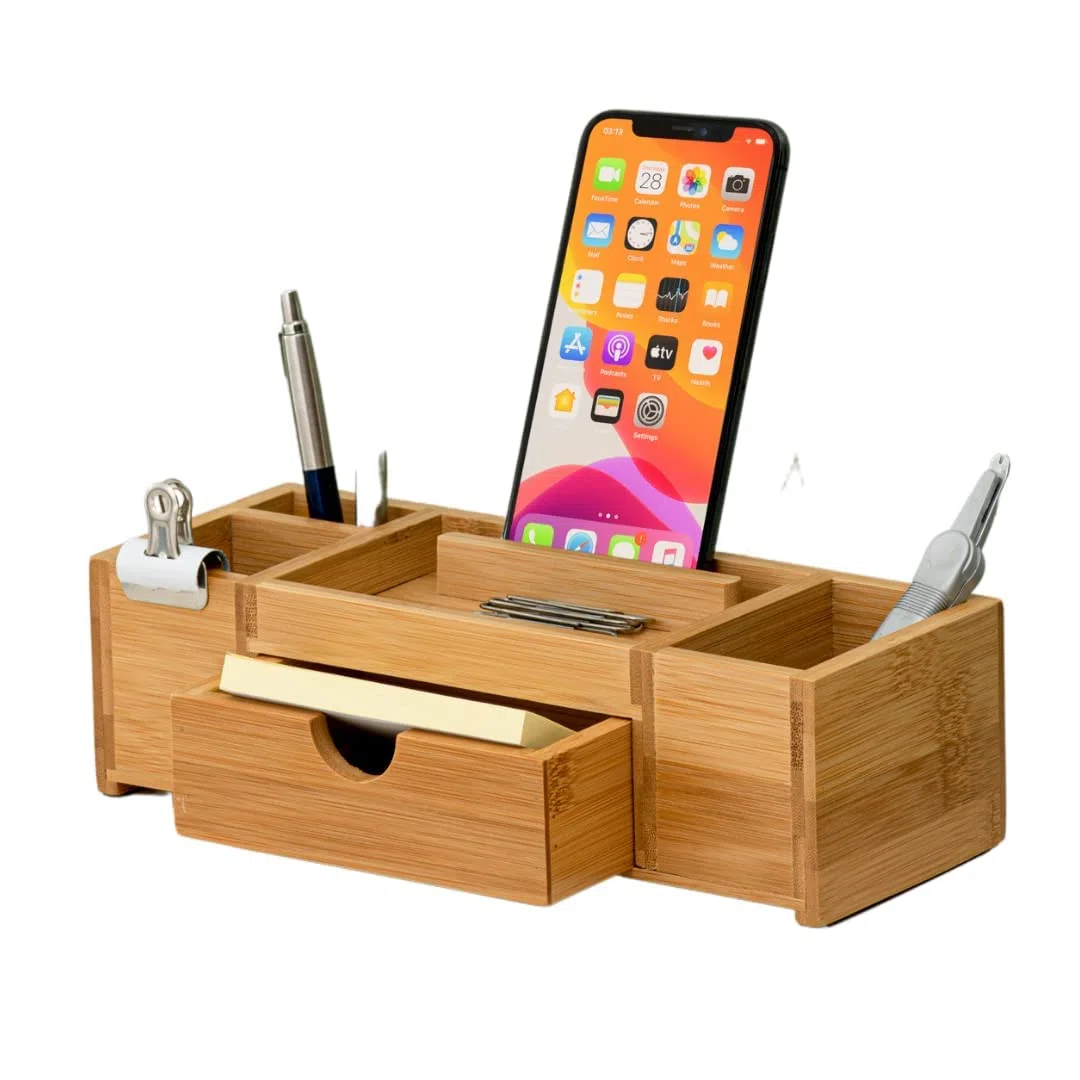 Organizador de escritorio de bambú - Organizador de escritorio de oficina de madera duradero con cajones, compartimentos de almacenamiento, soporte para bolígrafo y soporte para teléfono