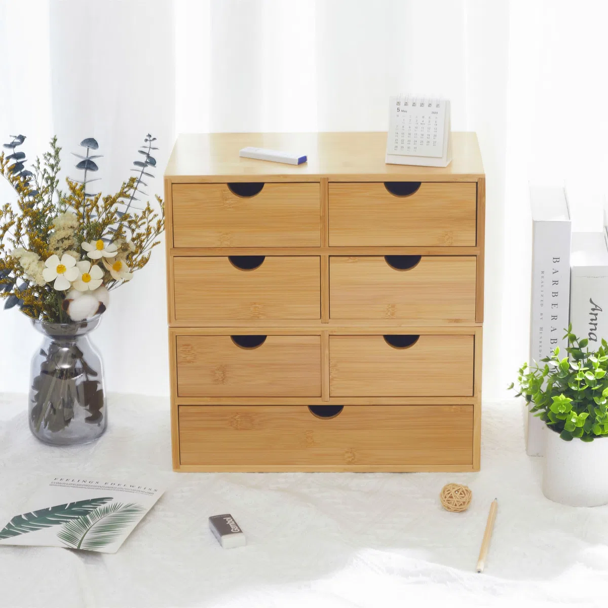 Charmewooden Organizador de escritorio de bambú con 3 cajones, organizador de encimera con cajones, cajón de almacenamiento de maquillaje, 3 cajones, caja de almacenamiento de mesa, espacio de trabajo
