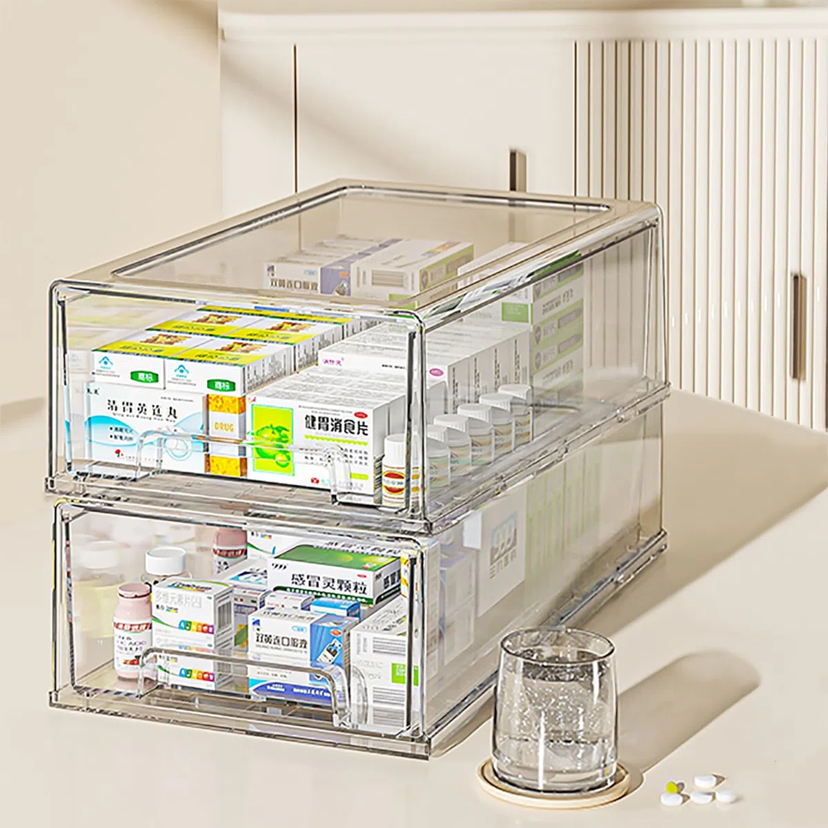 Paquete de 2 cajones organizadores apilables, caja de almacenamiento transparente para escritorio, cajón transparente para el hogar, oficina y cocina, contenedores organizadores extraíbles