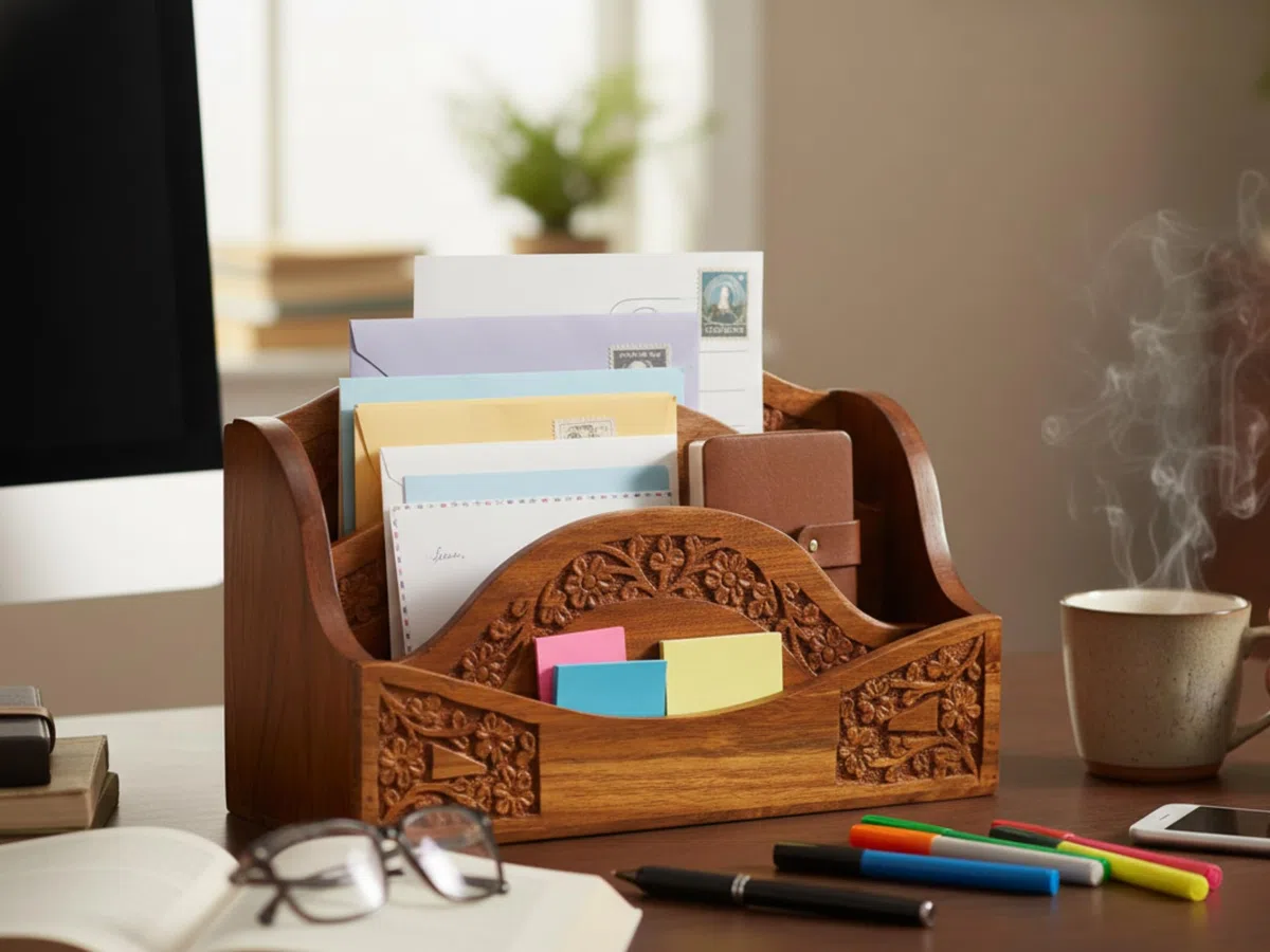 Diseño floral grabado a mano con 3 compartimentos tamaño grande carta/remoto/cubiertos organizador para escritorio de hogar y oficina