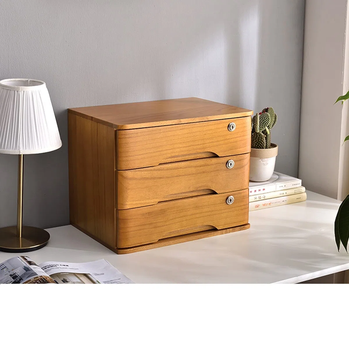 Caja de almacenamiento de madera maciza, archivador plano, caja de almacenamiento de escritorio de madera con cajones con cerradura, suministros de oficina A4/organizador de archivos de recibos ( Size