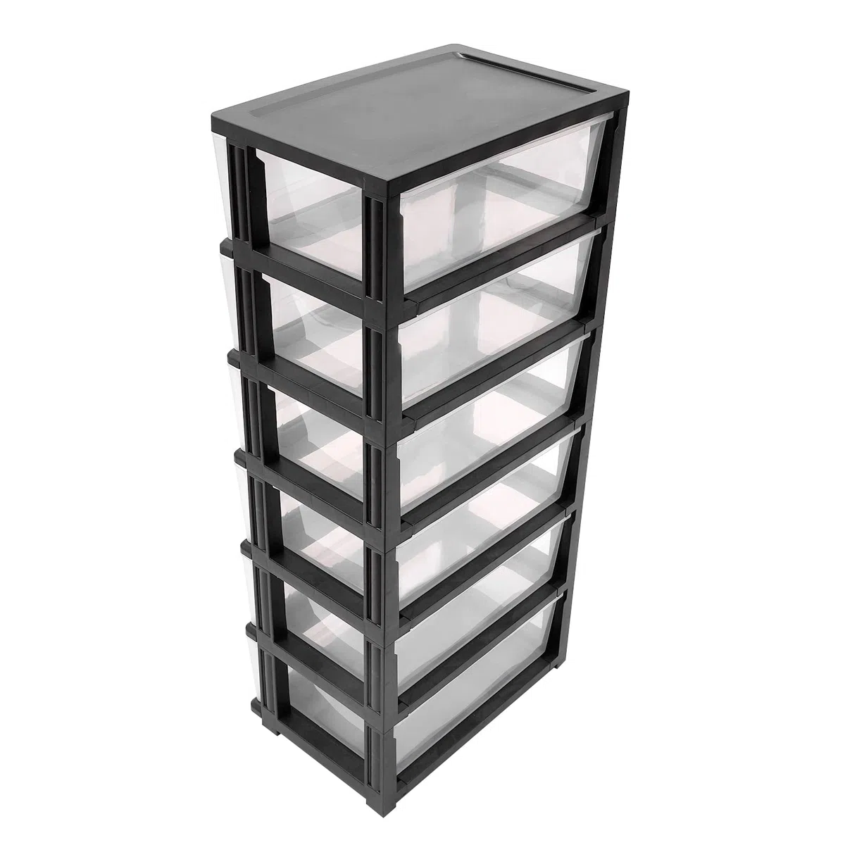 Organizador de Literatura Transparente con Ruedas, Carrito de Almacenamiento con 6 cajones, Torre de Almacenamiento para Armario, Sala de Estar, Pasillo y Dormitorio (Negro y Trans
