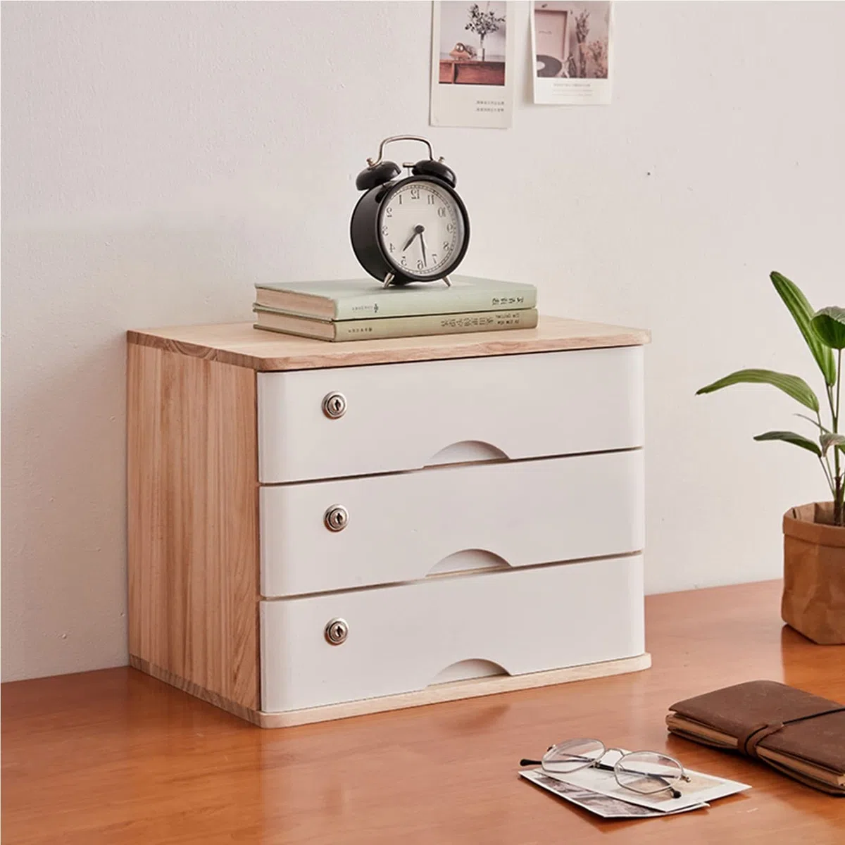 Caja de almacenamiento de madera para escritorio, organizador de archivadores con cajones con cerradura para escritorio, organización de suministros de oficina, documentos y más, diseño de varios